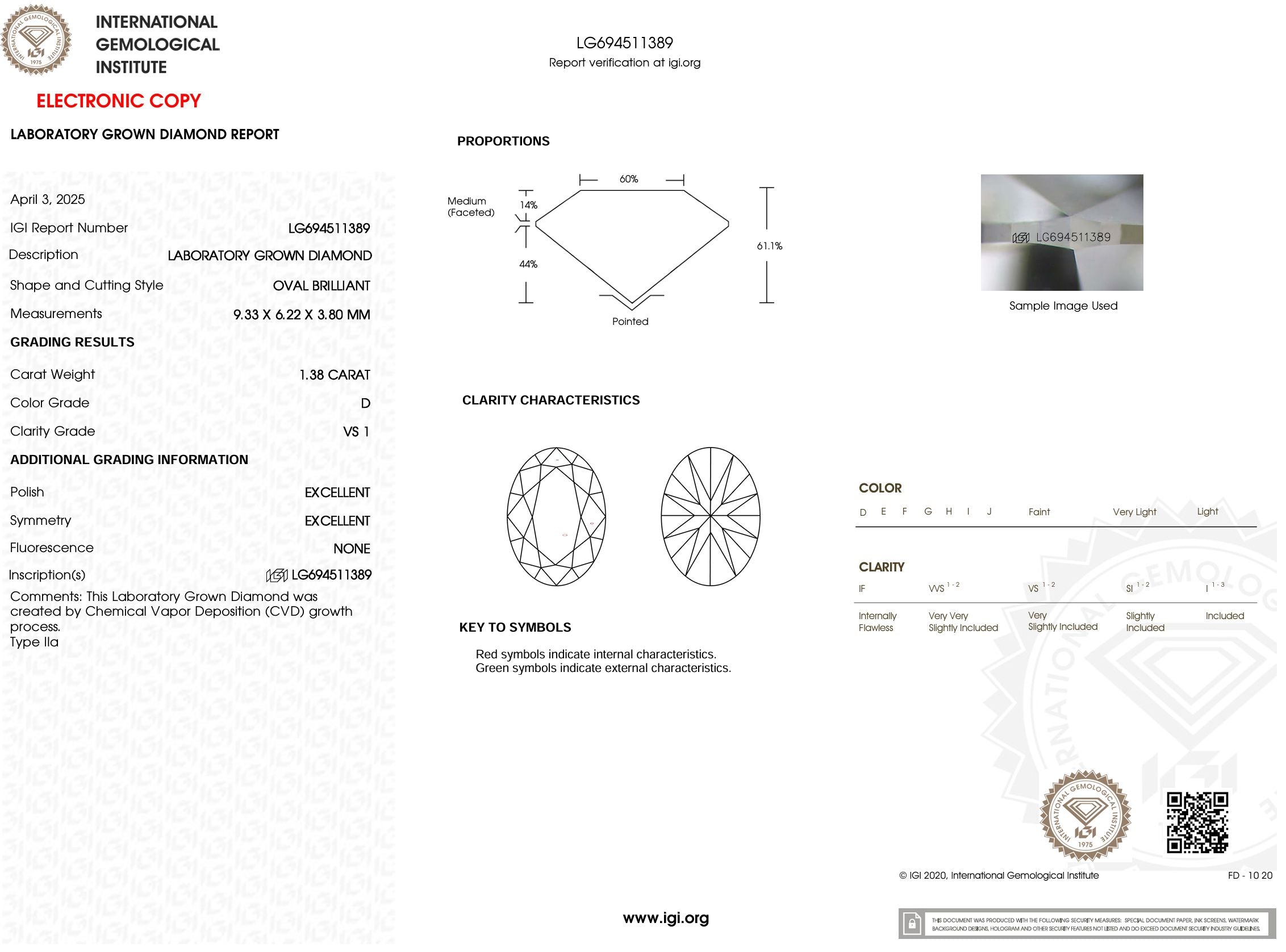 1.38 Carat D-VS1 Oval Lab Grown Diamond - IGI (#53754) Loose Diamond Princess Bride Diamonds 