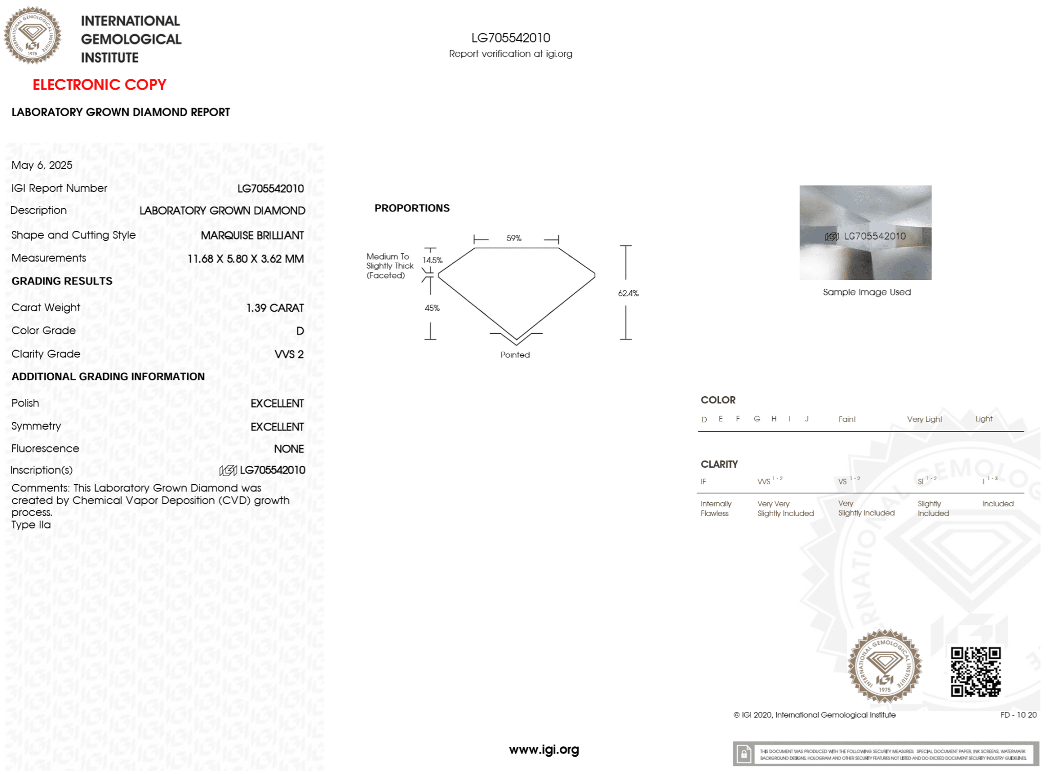 1.39 Carat D - VVS2 Marquise Lab Grown Diamond - IGI (123128) - PBD Loose Diamond