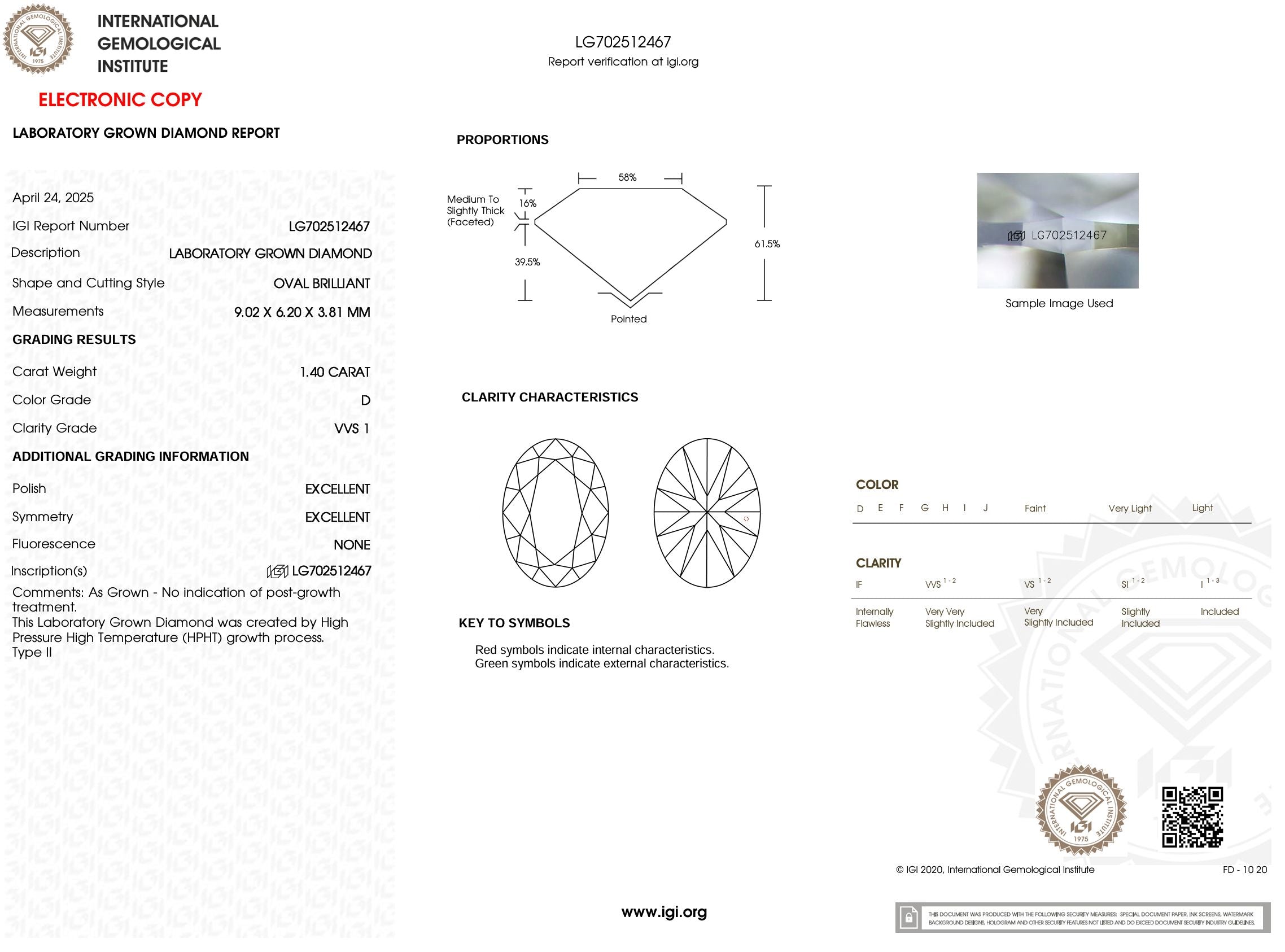 1.40 Carat D-VVS1 Oval Lab Grown Diamond - IGI (#54005) Loose Diamond Princess Bride Diamonds 