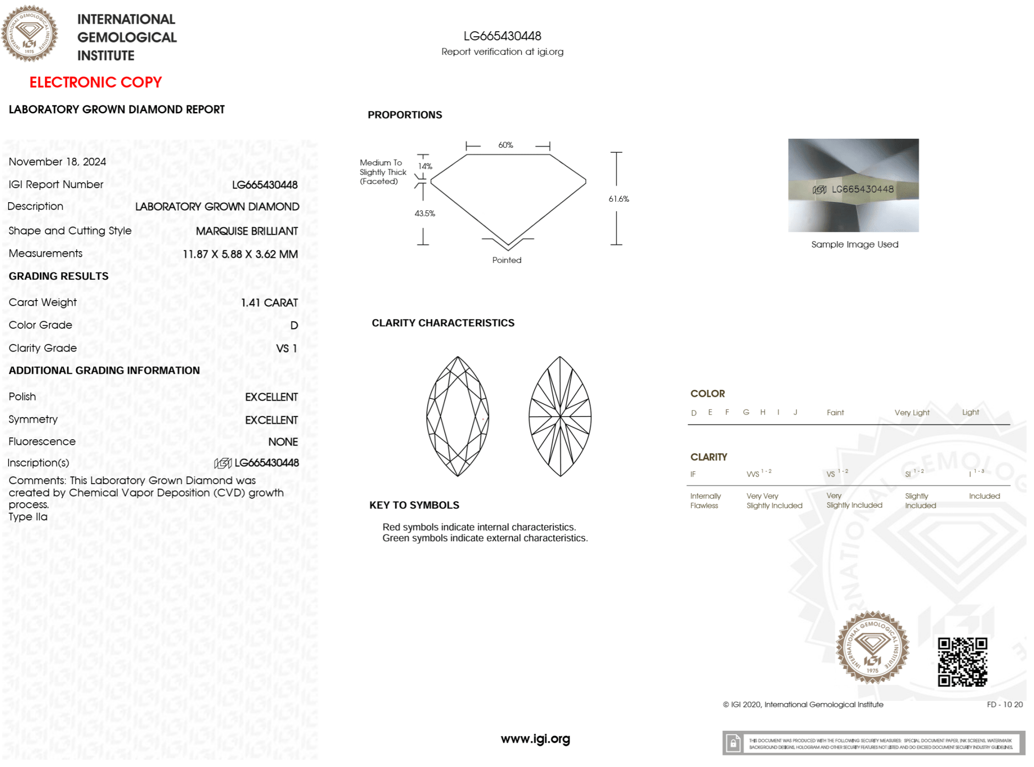 1.41 Carat D - VS1 Marquise Lab Grown Diamond - IGI (124337) - PBD Loose Diamond
