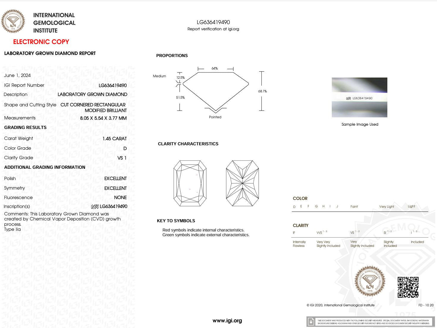 1.45 Carat D-VS1 Radiant Lab Grown Diamond - IGI (#50302) Loose Diamond Princess Bride Diamonds 