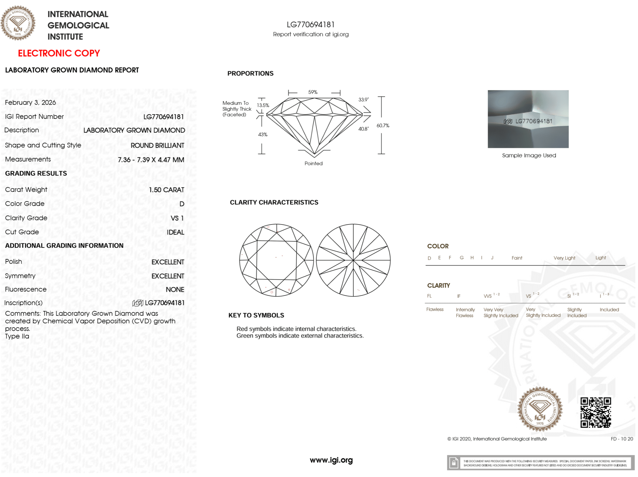 1.50 Carat D - VS1 Round Lab Grown Diamond - IGI (124880) - PBD Loose Diamond