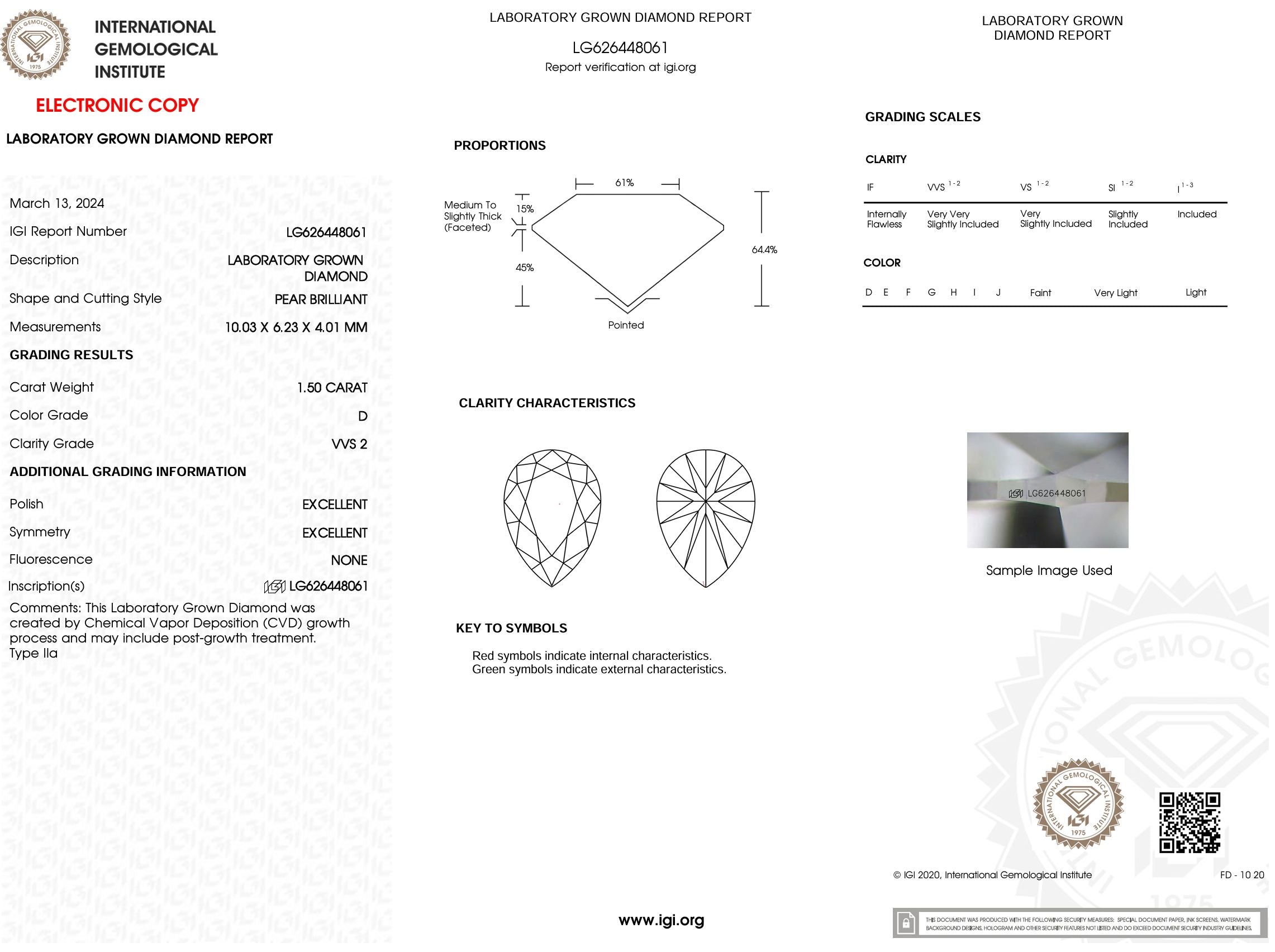 1.50 Carat D-VVS2 Pear Lab Grown Diamond - IGI (#53423) Loose Diamond Princess Bride Diamonds 