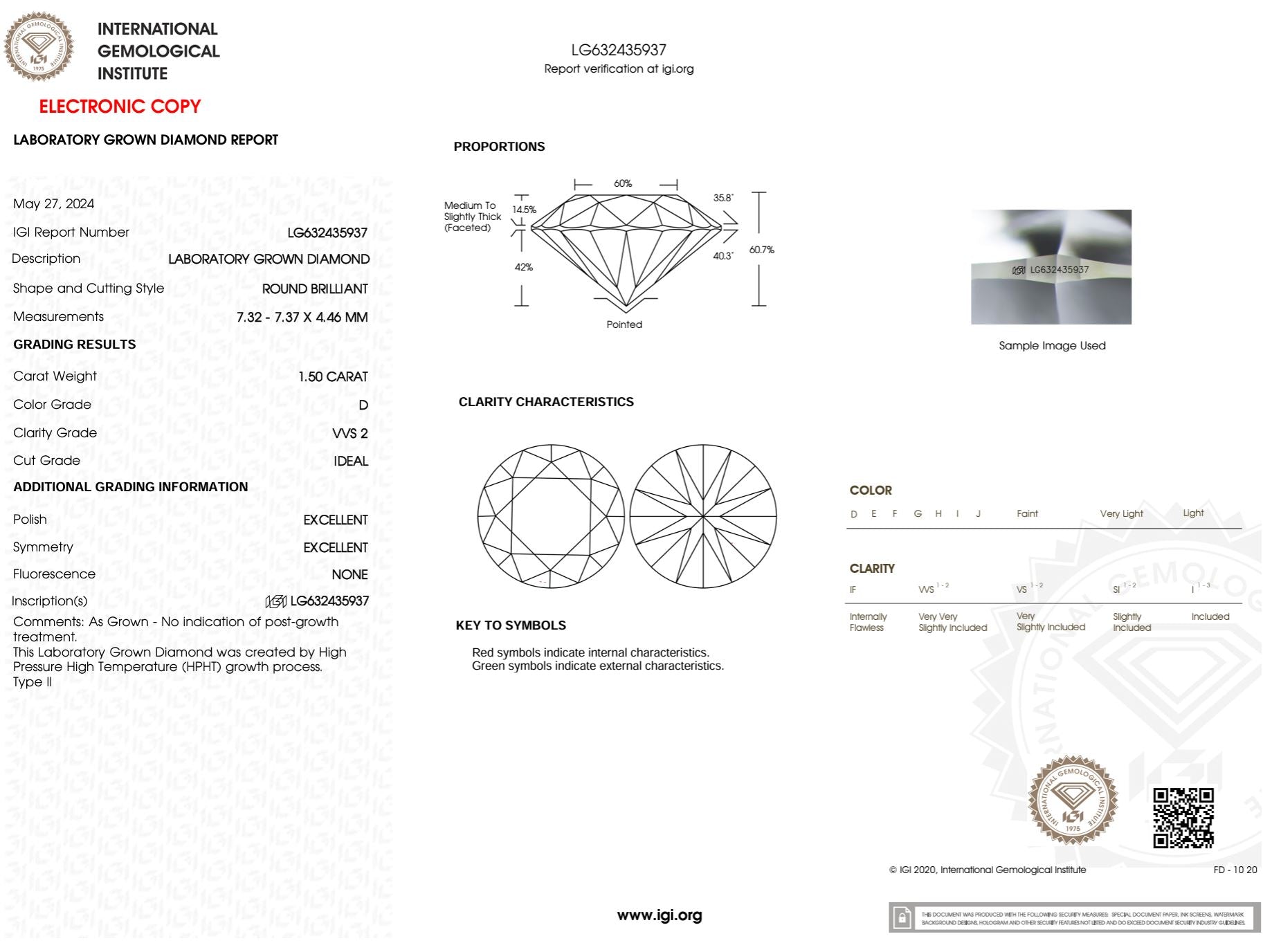 1.50 Carat D-VVS2 Round Lab Grown Diamond - IGI (#49373) Loose Diamond Princess Bride Diamonds 