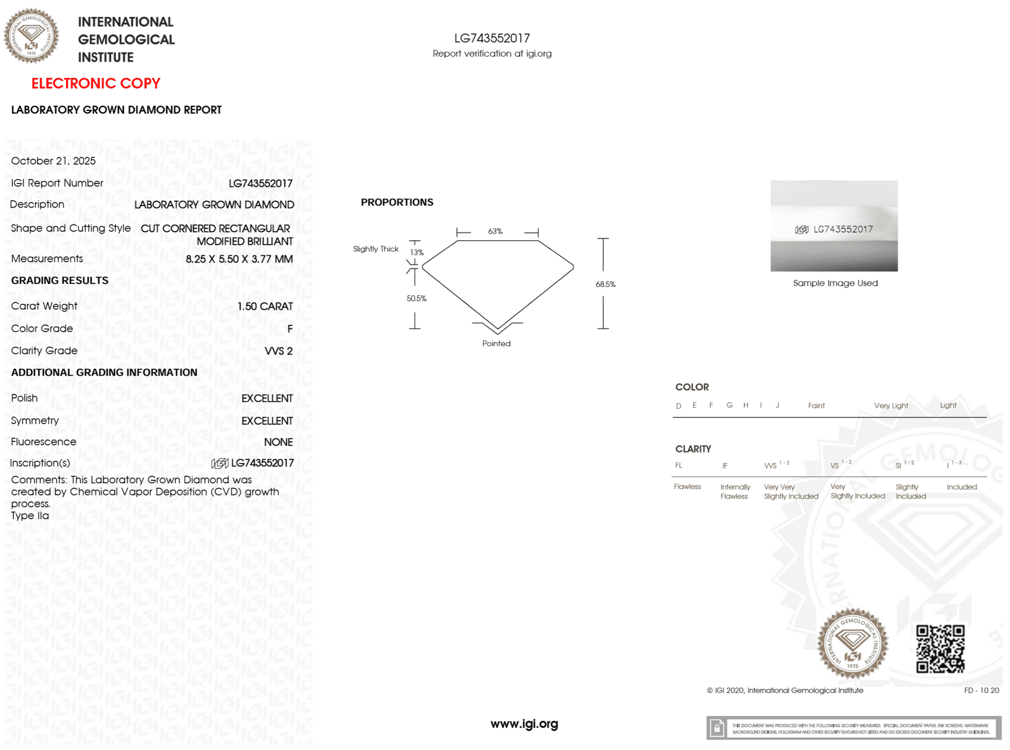 1.50 Carat F - VVS2 Radiant Lab Grown Diamond - IGI (123116) - PBD Loose Diamond