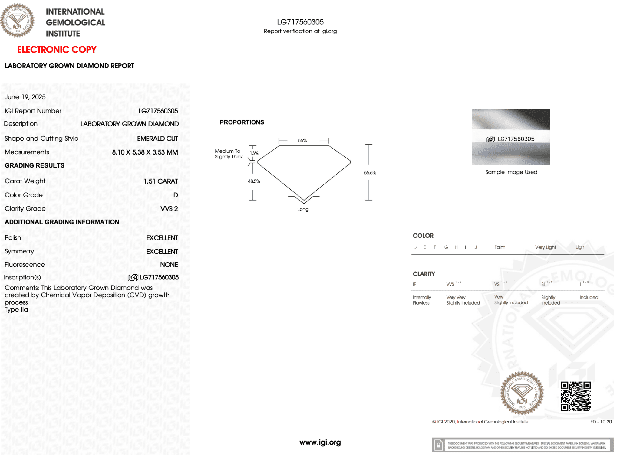 1.51 Carat D - VVS2 Emerald Lab Grown Diamond - IGI (121997) - PBD Loose Diamond