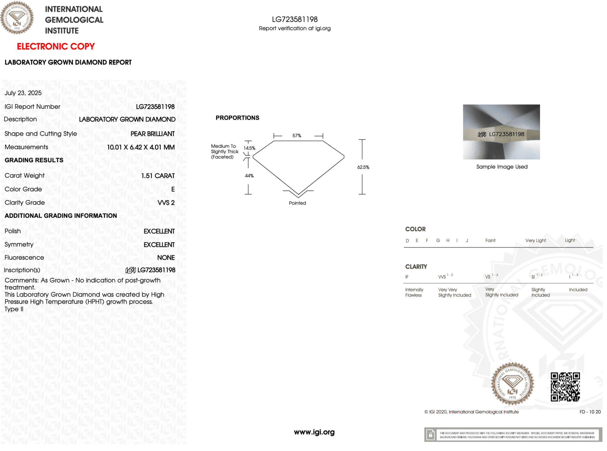 1.51 Carat E - VVS2 Pear Lab Grown Diamond - IGI (121897) - PBD Loose Diamond