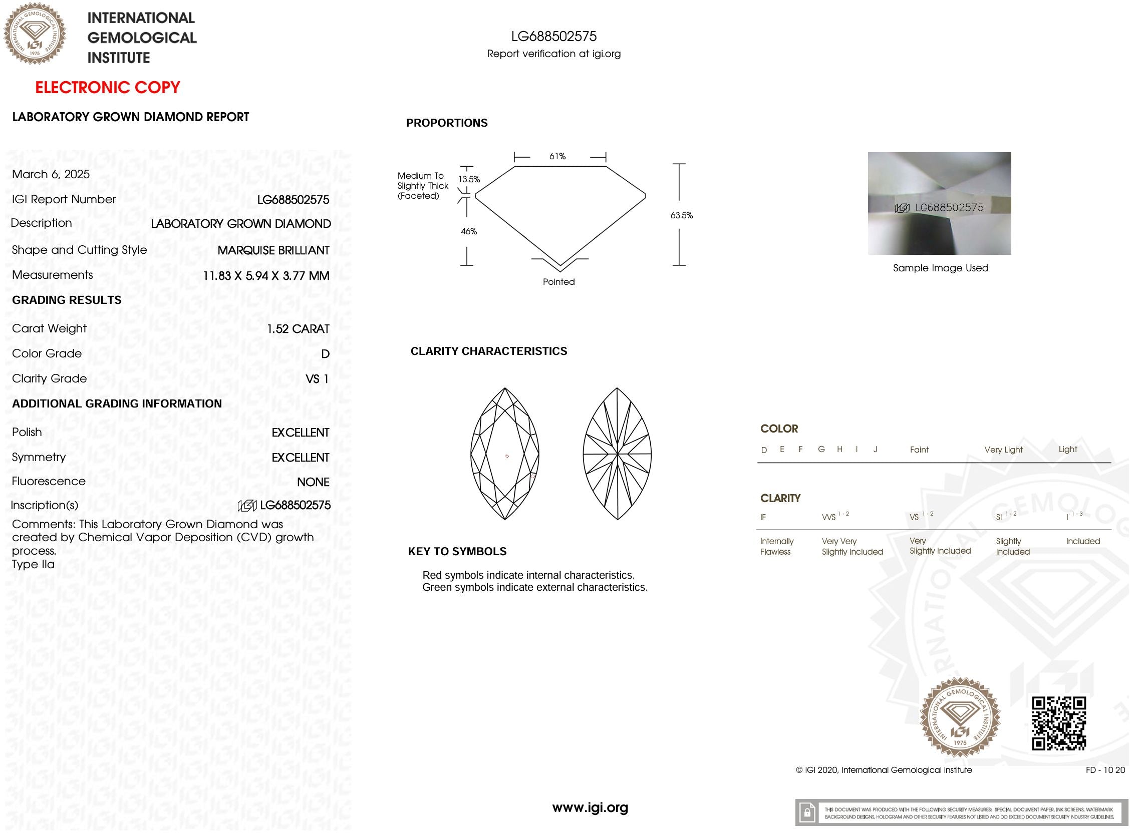 1.52 Carat D-VS1 Marquise Lab Grown Diamond - IGI (#53776) Loose Diamond Princess Bride Diamonds 