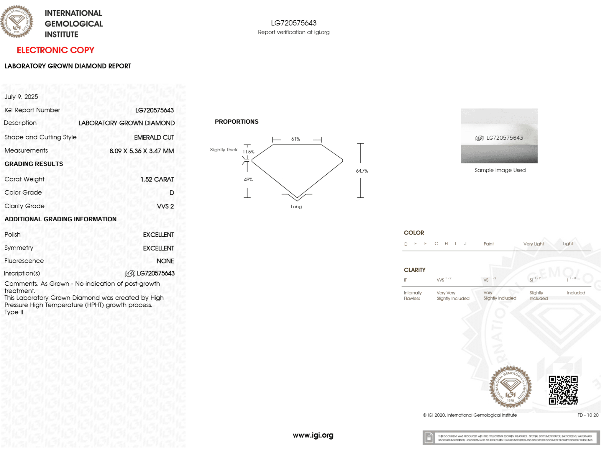 1.52 Carat D - VVS2 Emerald Lab Grown Diamond - IGI (123393) - PBD Loose Diamond