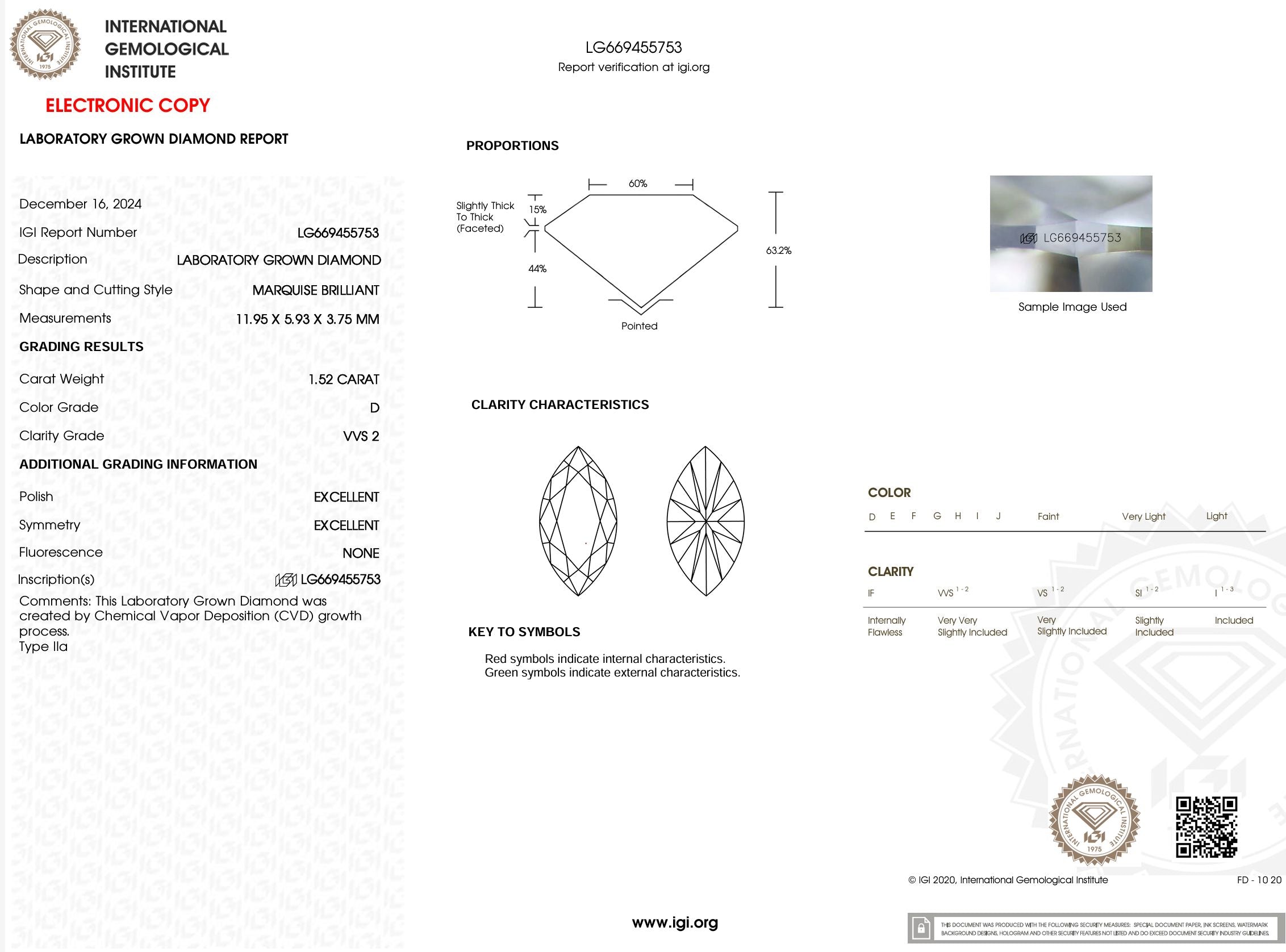 1.52 Carat D-VVS2 Marquise Lab Grown Diamond - IGI (#53797) Loose Diamond Princess Bride Diamonds 