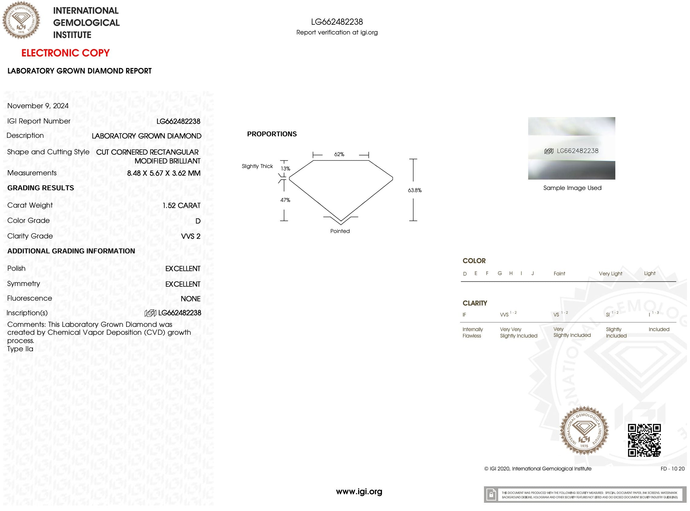 1.52 Carat D-VVS2 Radiant Lab Grown Diamond - IGI (#53923) Loose Diamond Princess Bride Diamonds 