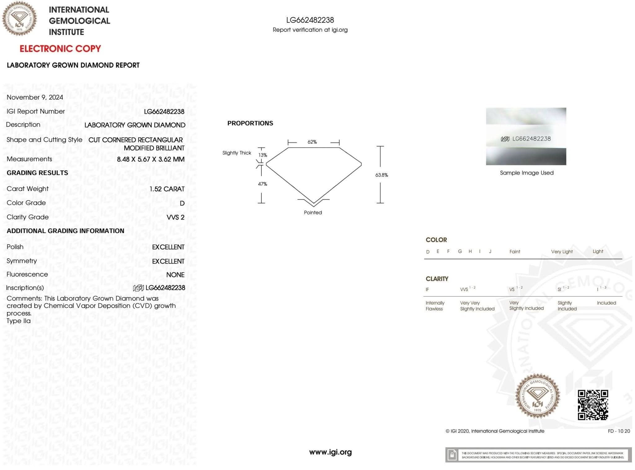 1.52 Carat D - VVS2 Radiant Lab Grown Diamond - IGI (53923) - PBD Loose Diamond