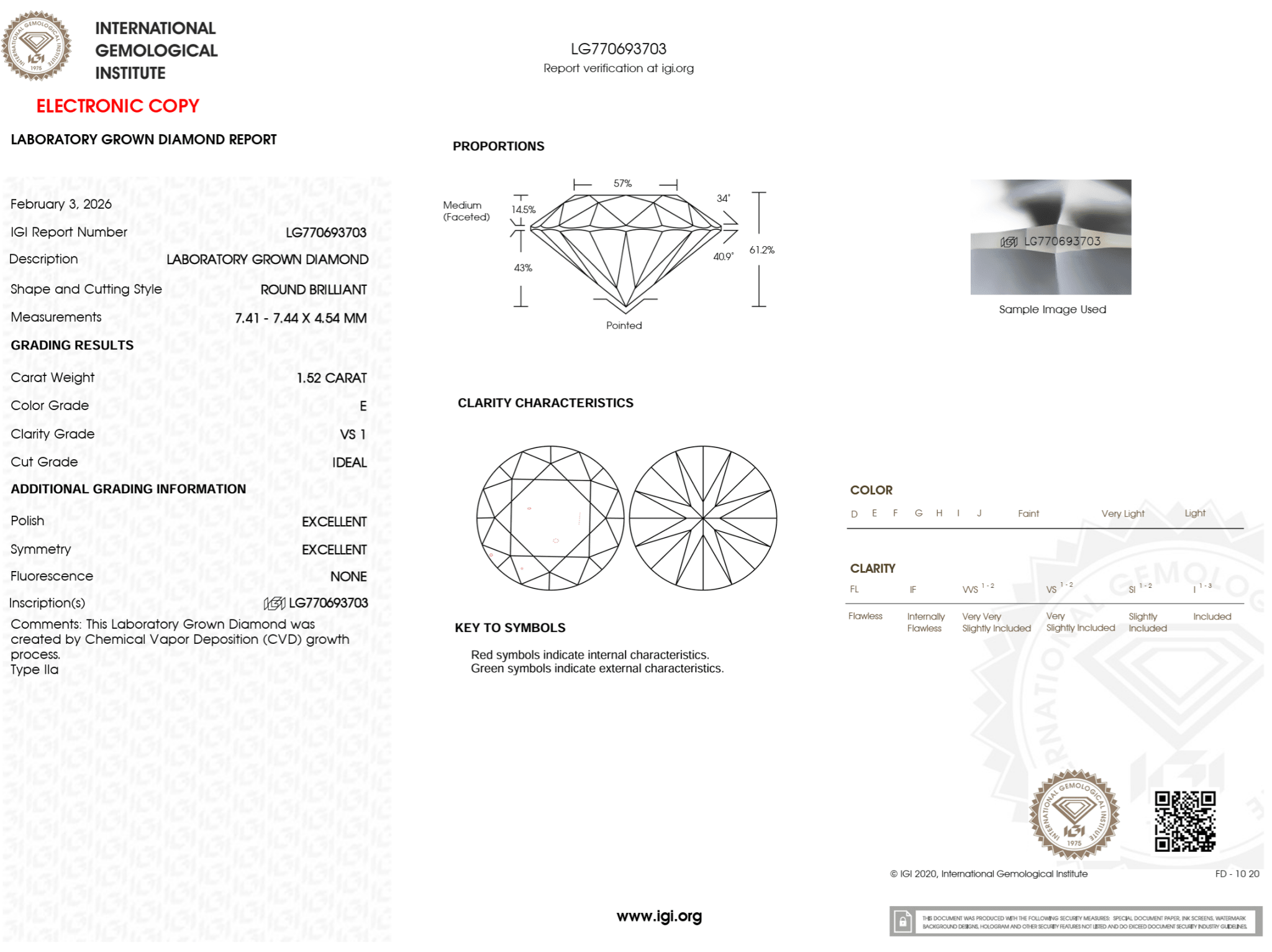 1.52 Carat E - VS1 Round Lab Grown Diamond - IGI (125214) - PBD Loose Diamond