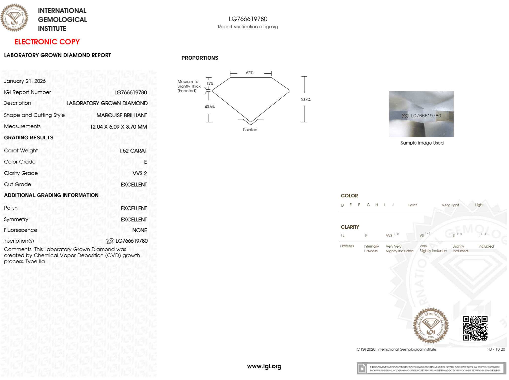 1.52 Carat E - VVS2 Excellent Cut Marquise Lab Grown Diamond - IGI (124779) - PBD Loose Diamond