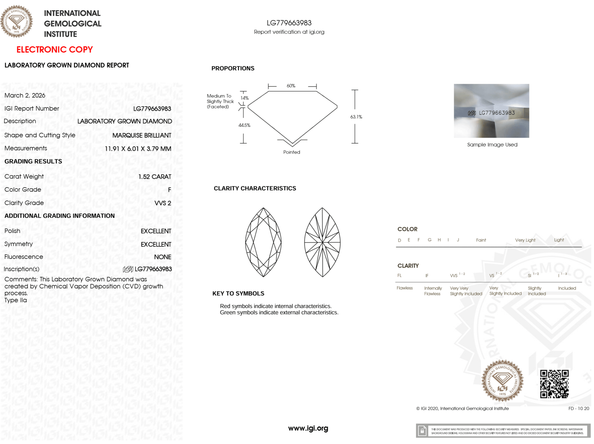 1.52 Carat F - VVS2 Marquise Lab Grown Diamond - IGI (125120) - PBD Loose Diamond