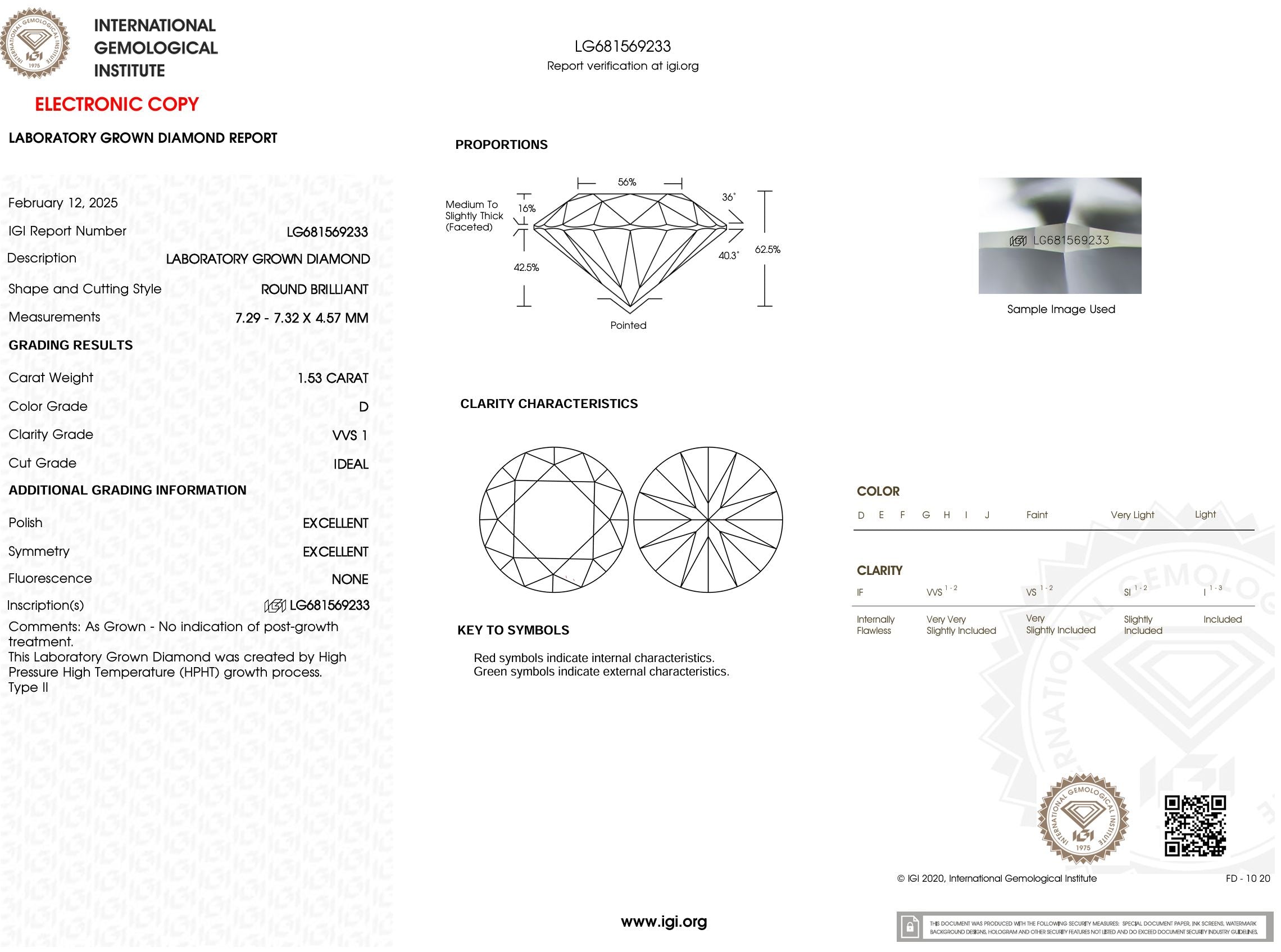 1.53 Carat D-VVS1 Round Lab Grown Diamond - IGI (#52874) Loose Diamond Princess Bride Diamonds 