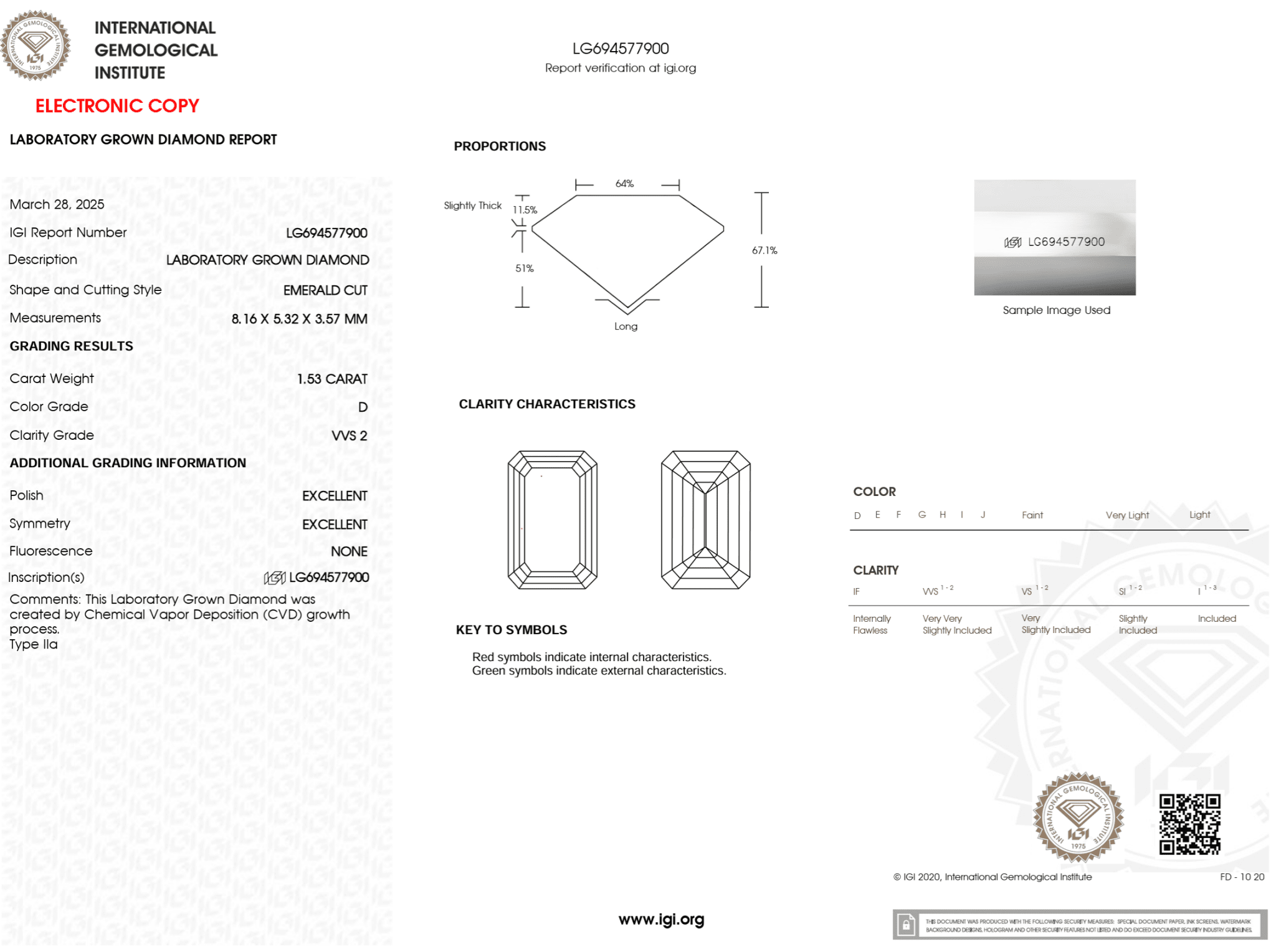 1.53 Carat D - VVS2 Emerald Lab Grown Diamond - IGI (123392) - PBD Loose Diamond