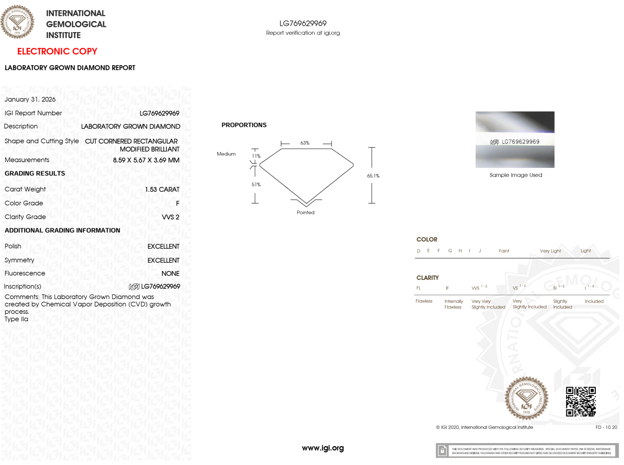 1.53 Carat F - VVS2 Radiant Lab Grown Diamond - IGI (125404) - PBD Loose Diamond