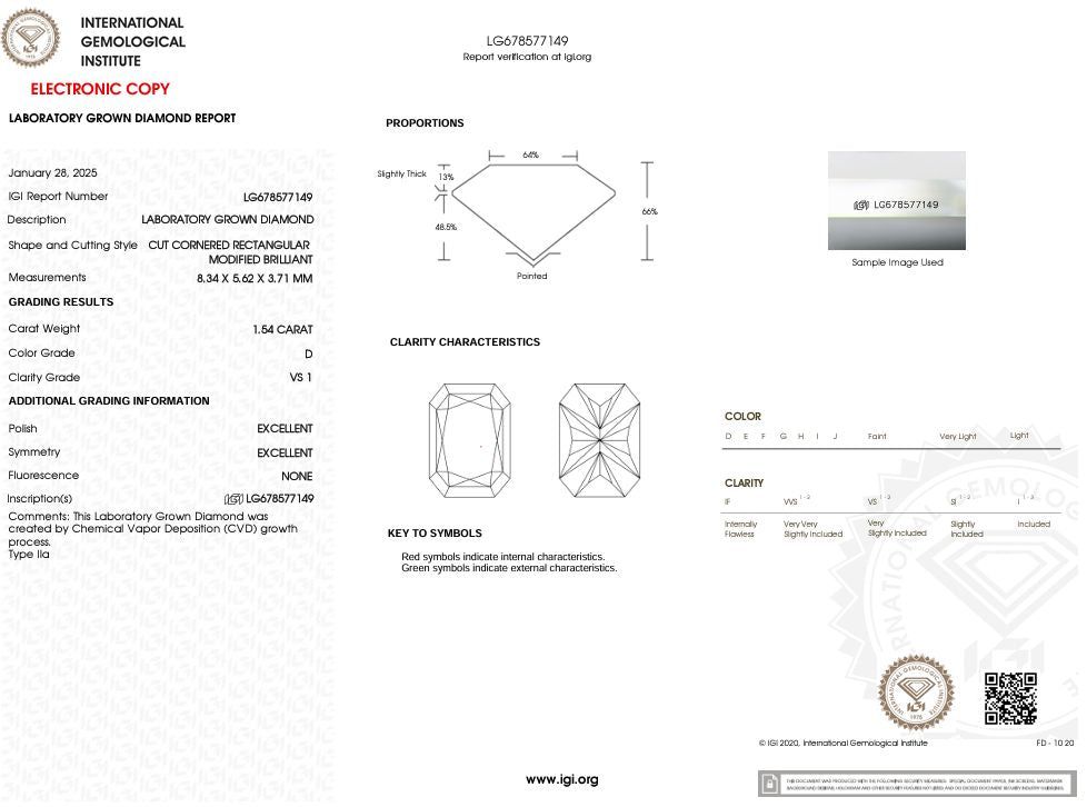 1.54 Carat D-VS1 Radiant Lab Grown Diamond - IGI (#53578) Loose Diamond Princess Bride Diamonds 