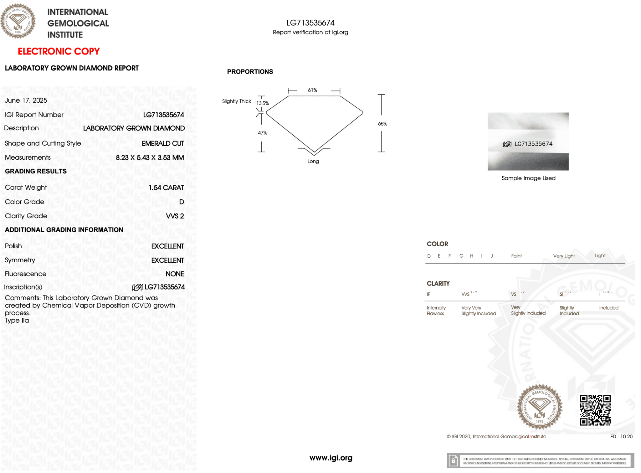 1.54 Carat D - VVS2 Emerald Lab Grown Diamond - IGI (121995) - PBD Loose Diamond