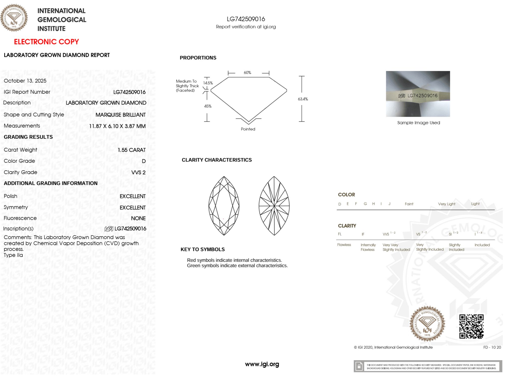 1.55 Carat D - VVS2 Marquise Lab Grown Diamond - IGI (124997) - PBD Loose Diamond