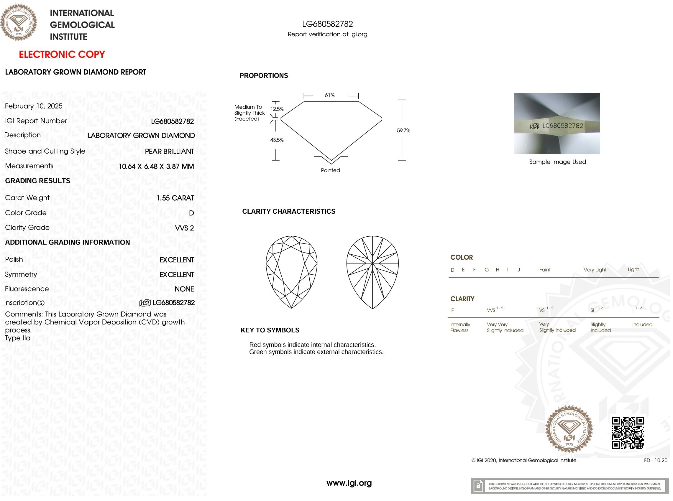 1.55 Carat D-VVS2 Pear Lab Grown Diamond - IGI (#53424) Loose Diamond Princess Bride Diamonds 