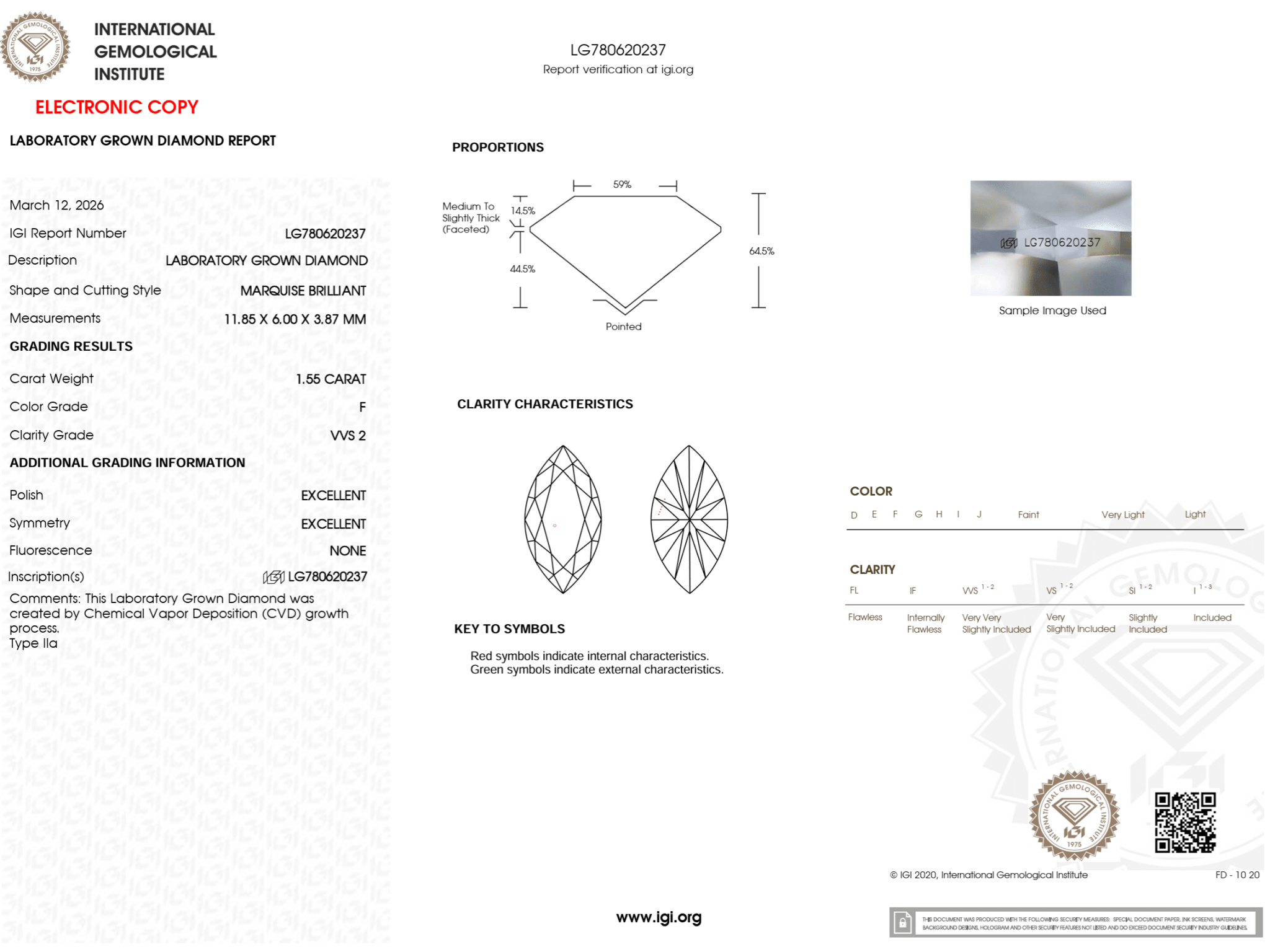 1.55 Carat F - VVS2 Marquise Lab Grown Diamond - IGI (125273) - PBD Loose Diamond