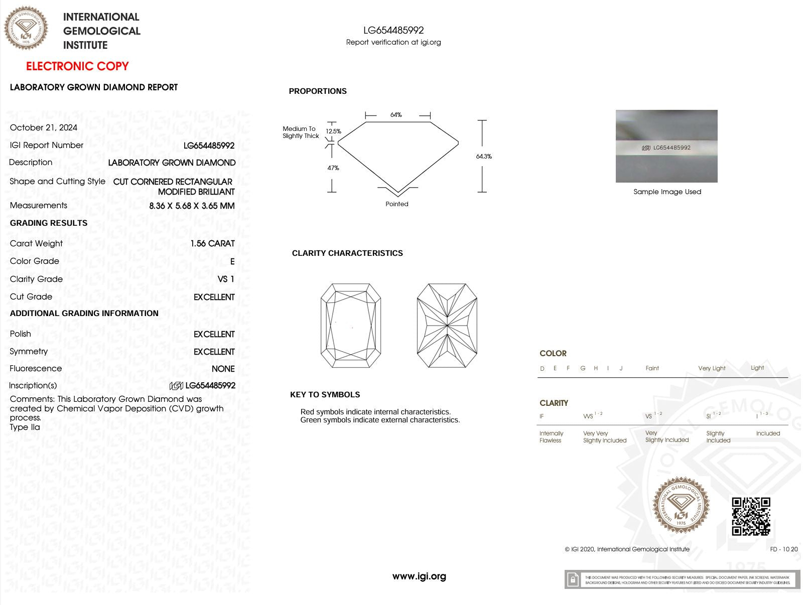 1.56 Carat E-VS1 Excellent Cut Radiant Lab Grown Diamond - IGI (#51479) Loose Diamond Princess Bride Diamonds 