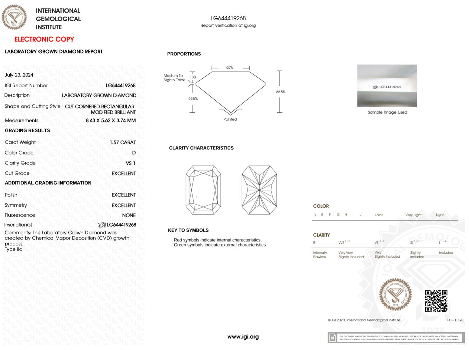 1.57 Carat D-VS1 Excellent Cut Radiant Lab Grown Diamond - IGI (#50017) Loose Diamond Princess Bride Diamonds 