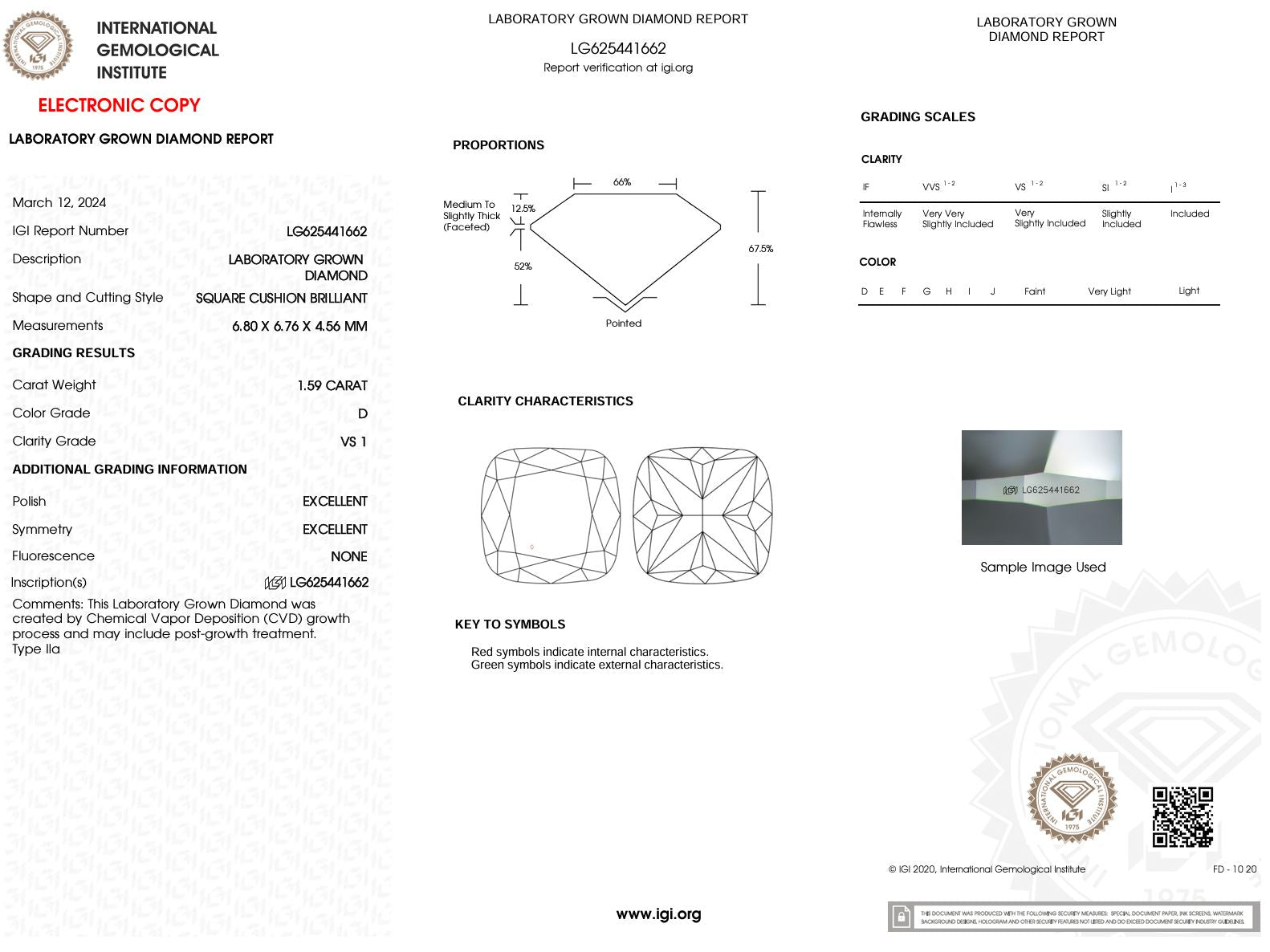 1.59 Carat D-VS1 Cushion Lab Grown Diamond - IGI (#51554) Loose Diamond Princess Bride Diamonds 