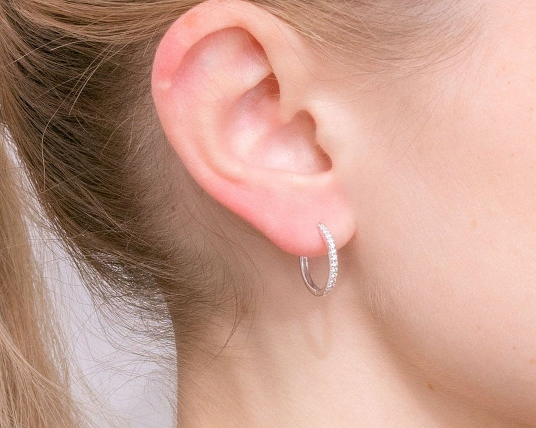 15mm 14k White Gold Pavé Hoops Earrings Princess Bride Diamonds 