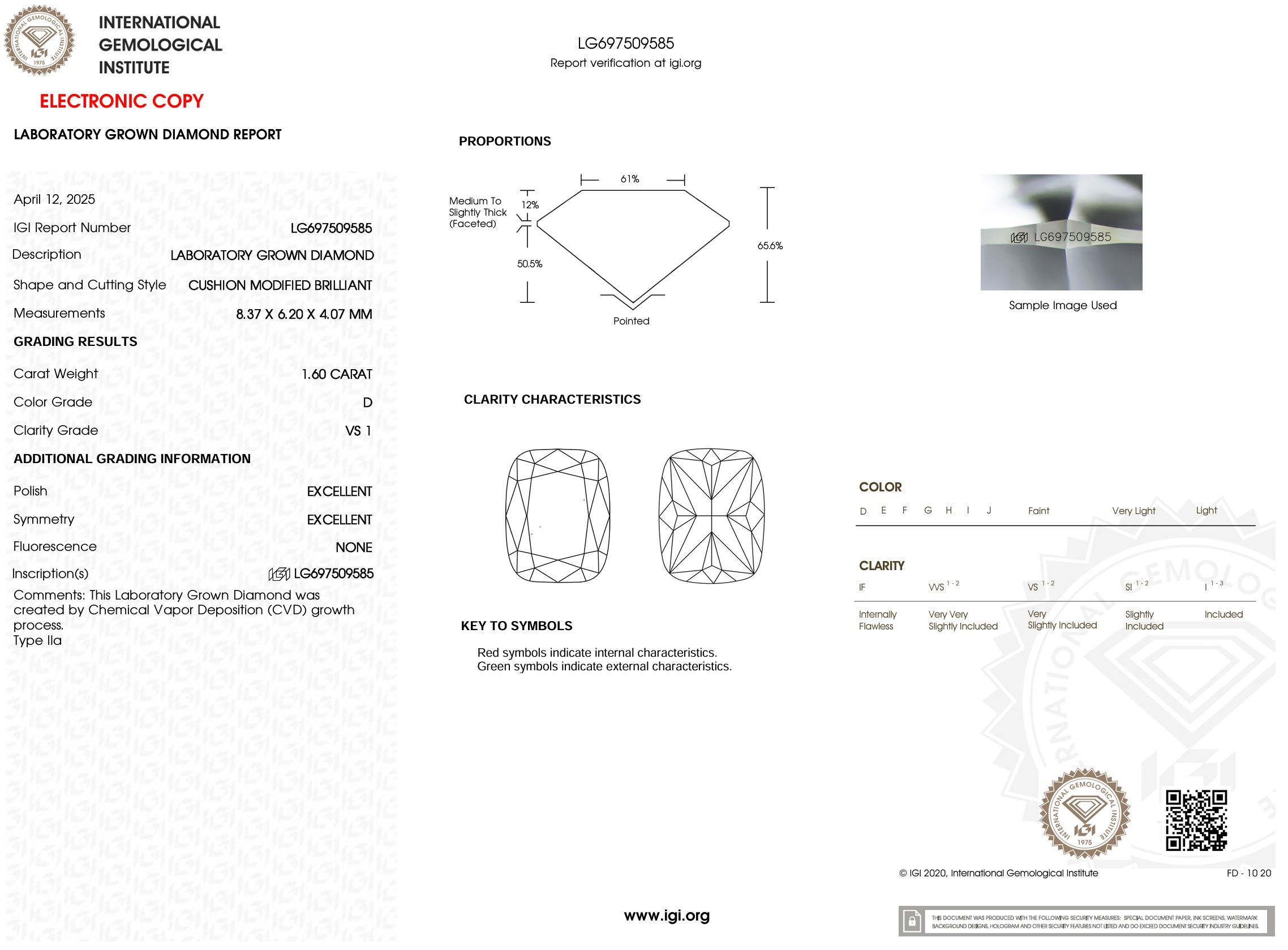 1.60 Carat D-VS1 Elongated Cushion Lab Grown Diamond - IGI (#54125) Loose Diamond Princess Bride Diamonds 