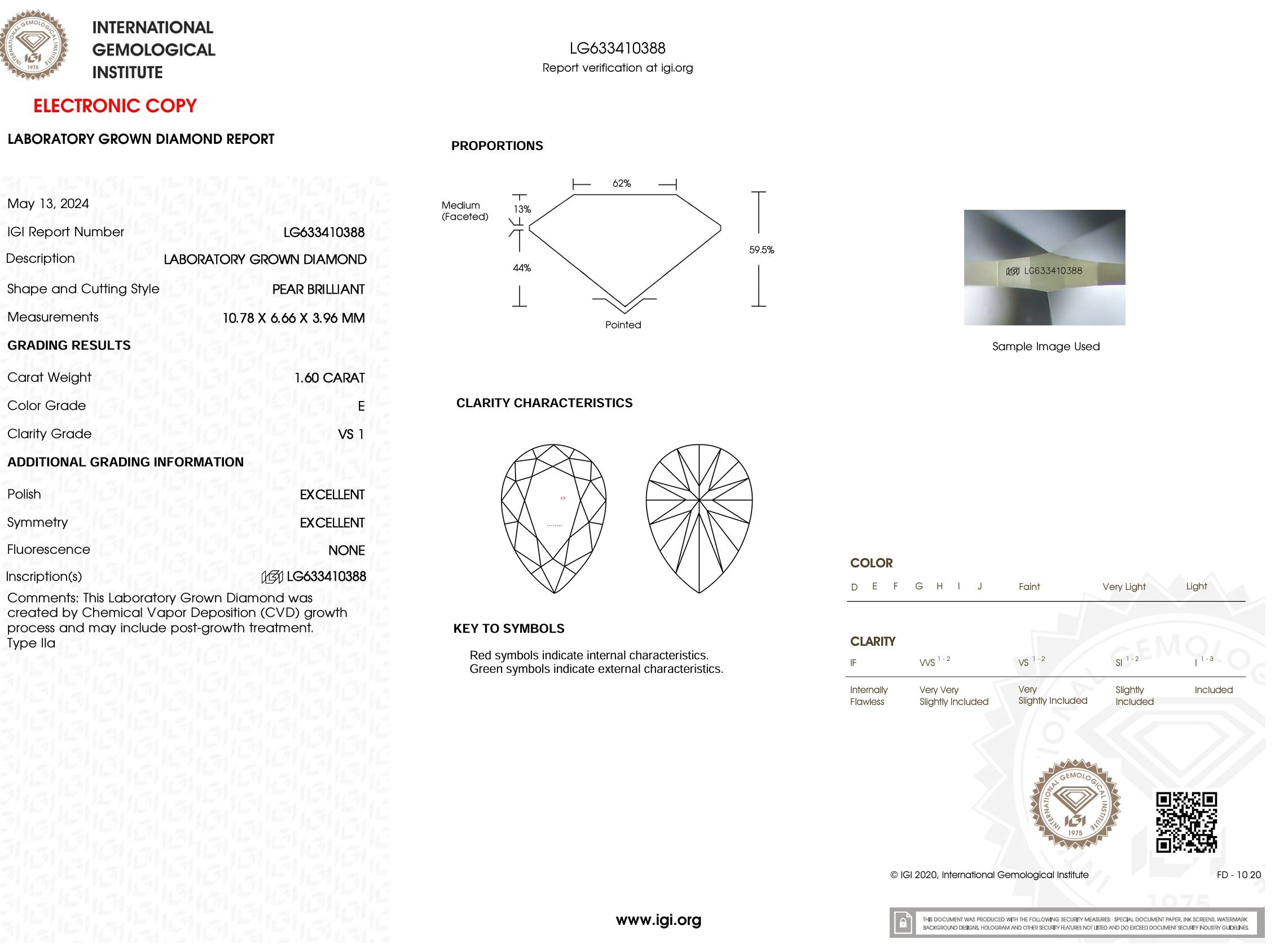 1.60 Carat E-VS1 Pear Lab Grown Diamond - IGI (#5431) Loose Diamond Princess Bride Diamonds 
