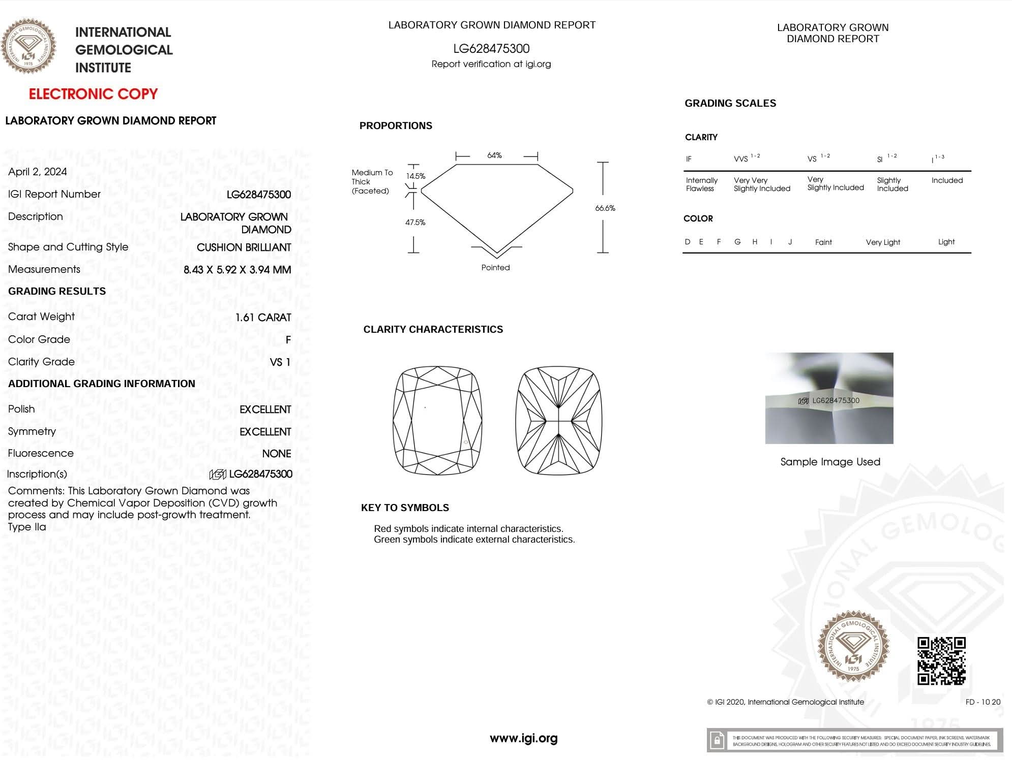 1.61 Carat F - VS1 Elongated Cushion Lab Grown Diamond - IGI (5281) - PBD Loose Diamond