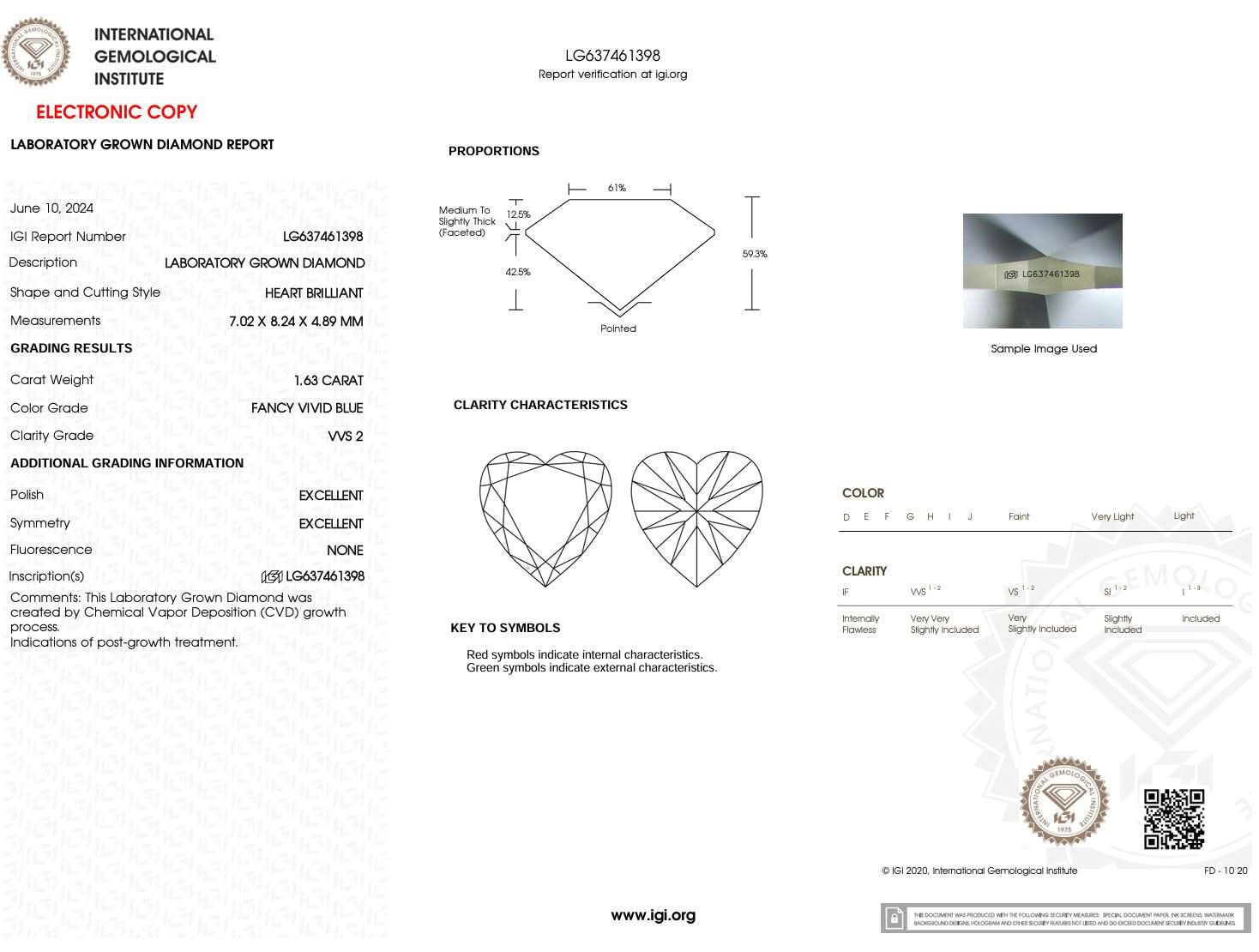 1.63 Carat Fancy Vivid Blue VVS2 Heart Lab Grown Diamond - IGI (49281) - PBD Loose Diamond