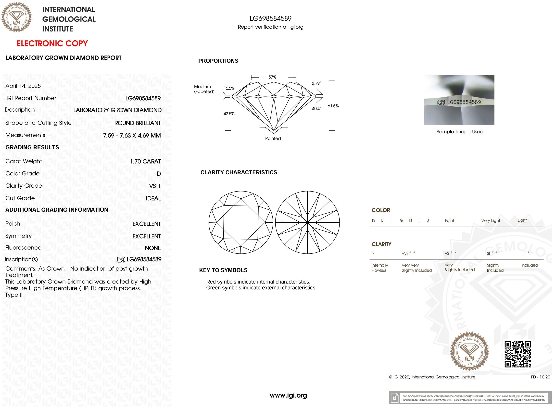 1.70 Carat D-VS1 Round Lab Grown Diamond - IGI (#53932) Loose Diamond Princess Bride Diamonds 