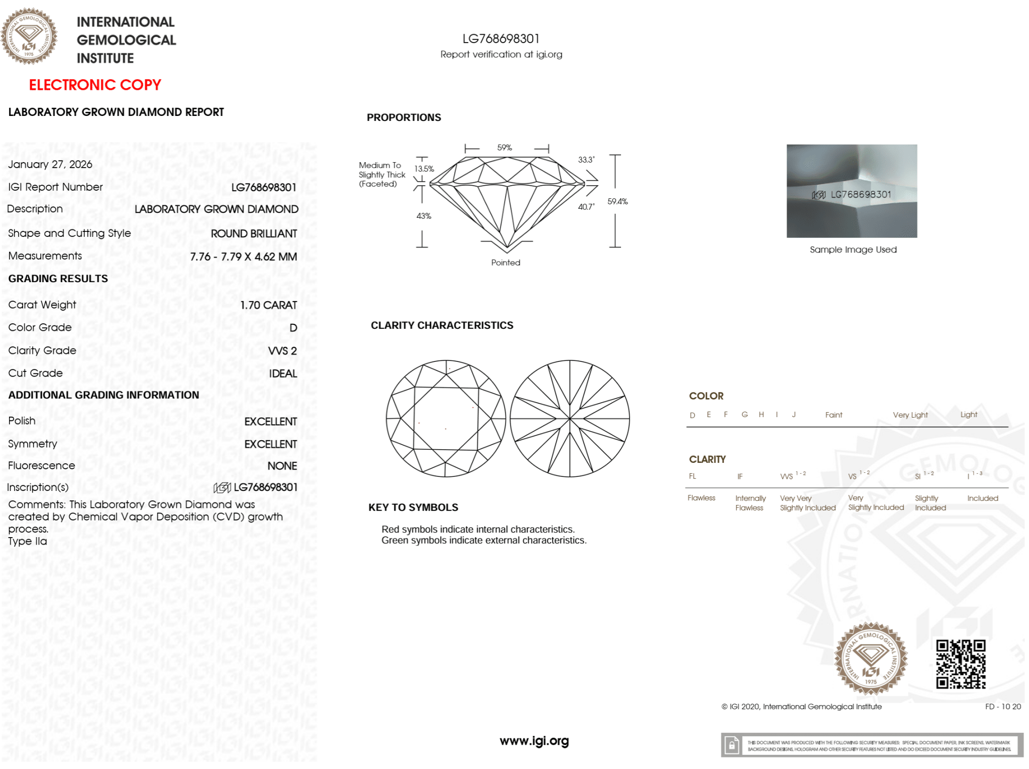 1.70 Carat D - VVS2 Round Lab Grown Diamond - IGI (124883) - PBD Loose Diamond