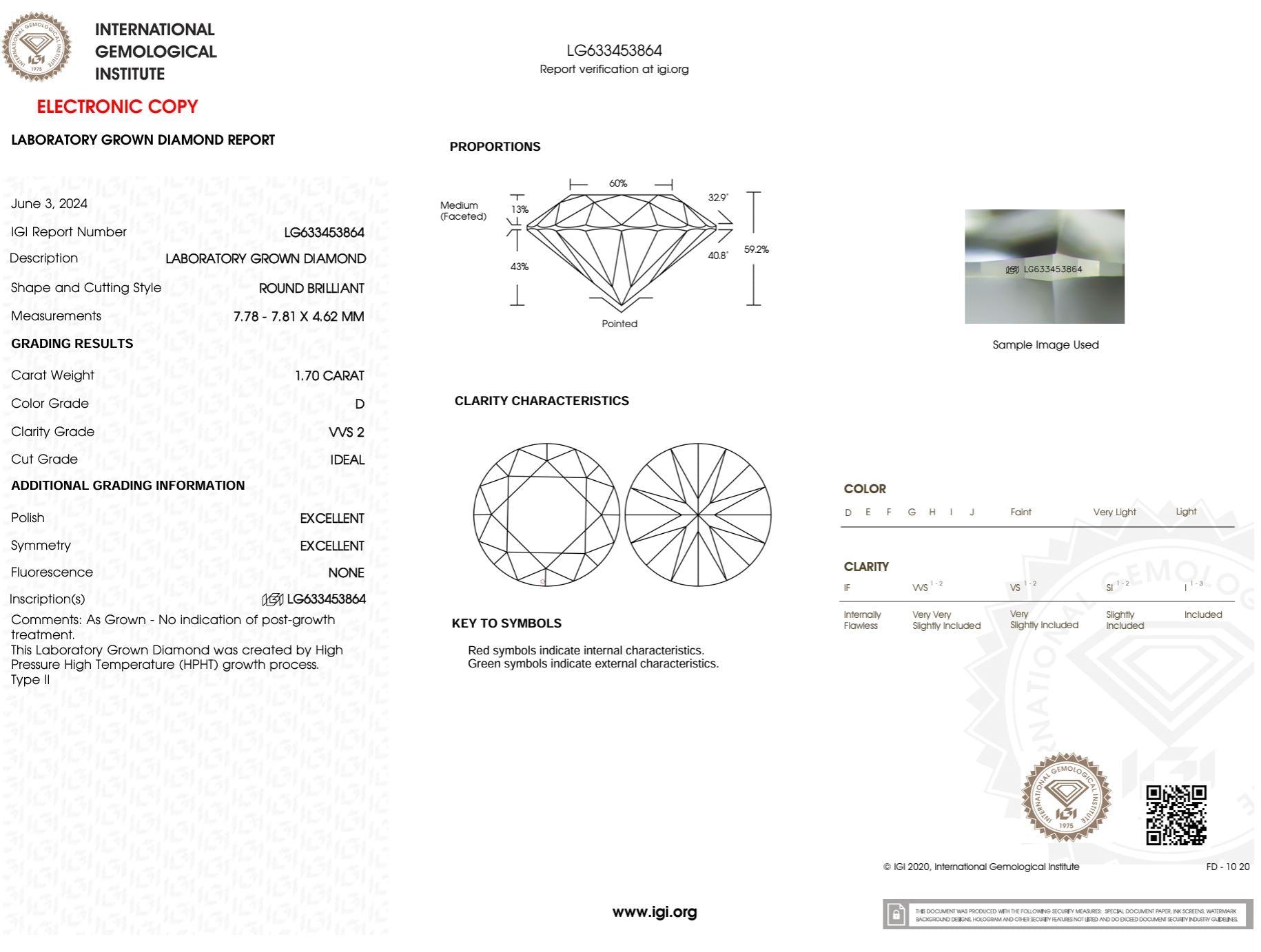 1.70 Carat D-VVS2 Round Lab Grown Diamond - IGI (#50761) Loose Diamond Princess Bride Diamonds 