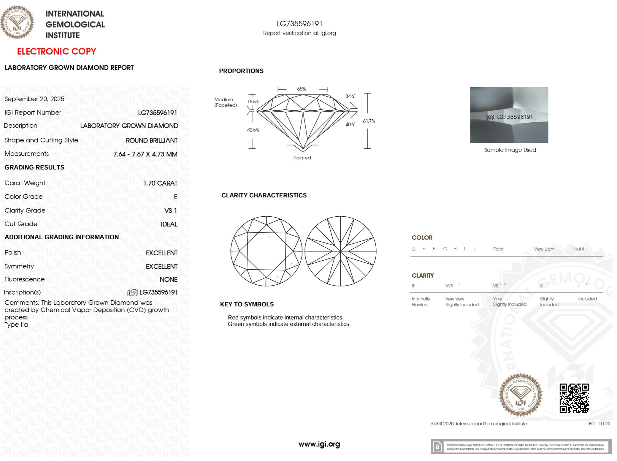 1.70 Carat E - VS1 Round Lab Grown Diamond - IGI (125187) - PBD Loose Diamond