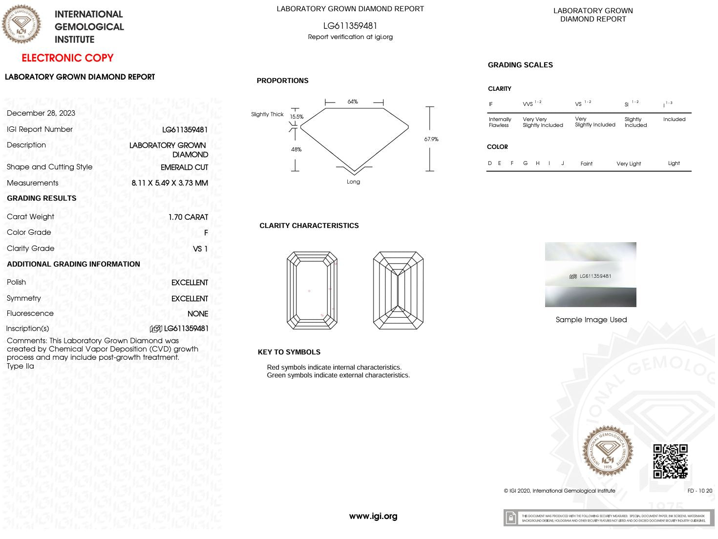 1.70 Carat F-VS1 Emerald Lab Grown Diamond - IGI (#50288) Loose Diamond Princess Bride Diamonds 