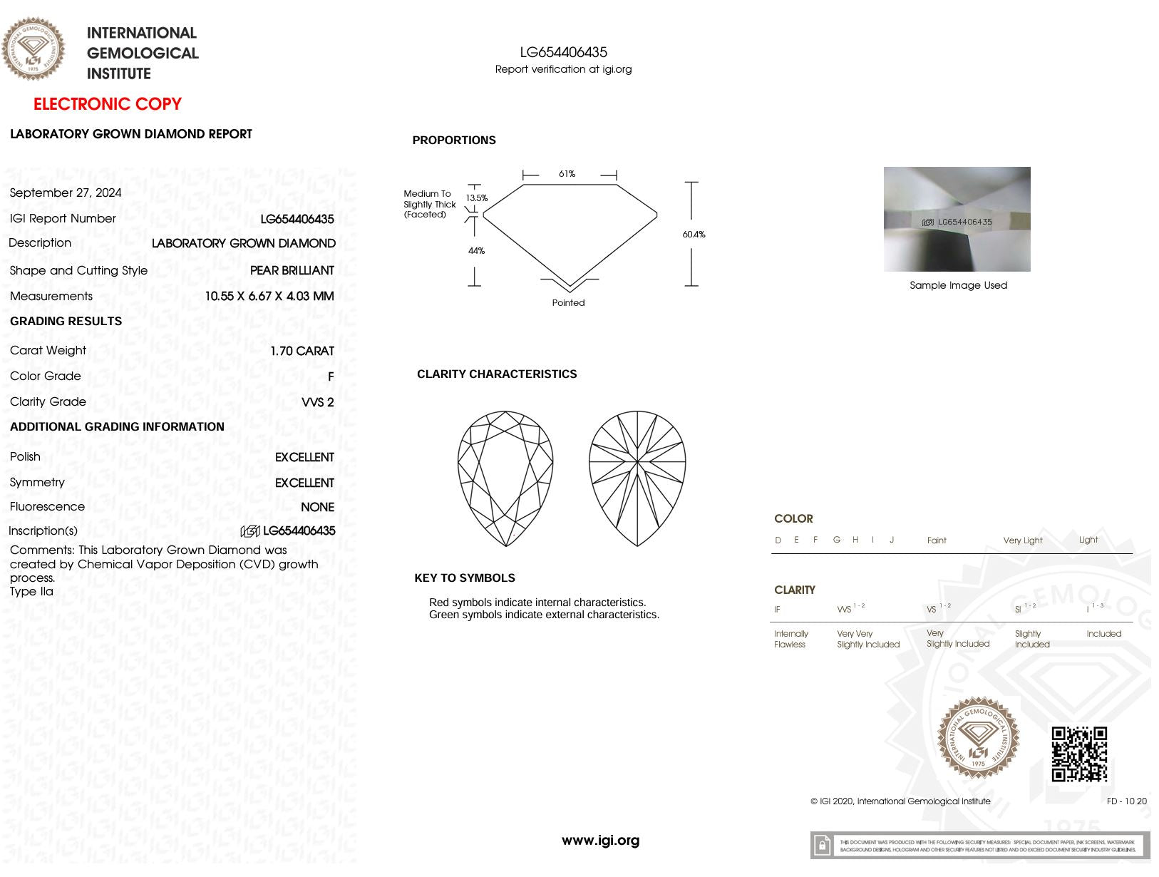 1.70 Carat F-VVS2 Pear Lab Grown Diamond - IGI (#51147) Loose Diamond Princess Bride Diamonds 