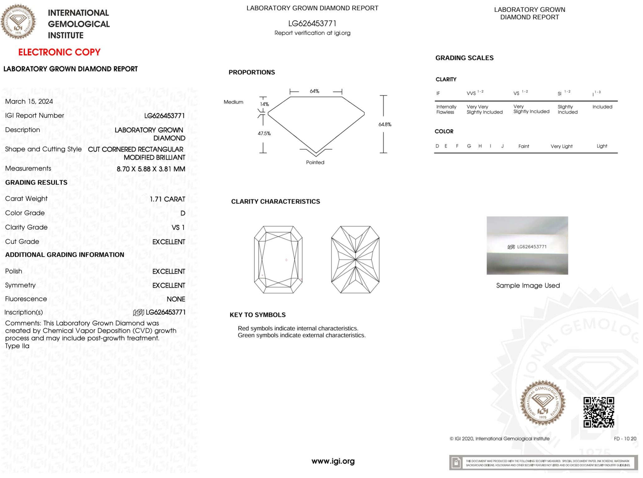 1.71 Carat D-VS1 Excellent Cut Radiant Lab Grown Diamond - IGI (#50533) Loose Diamond Princess Bride Diamonds 