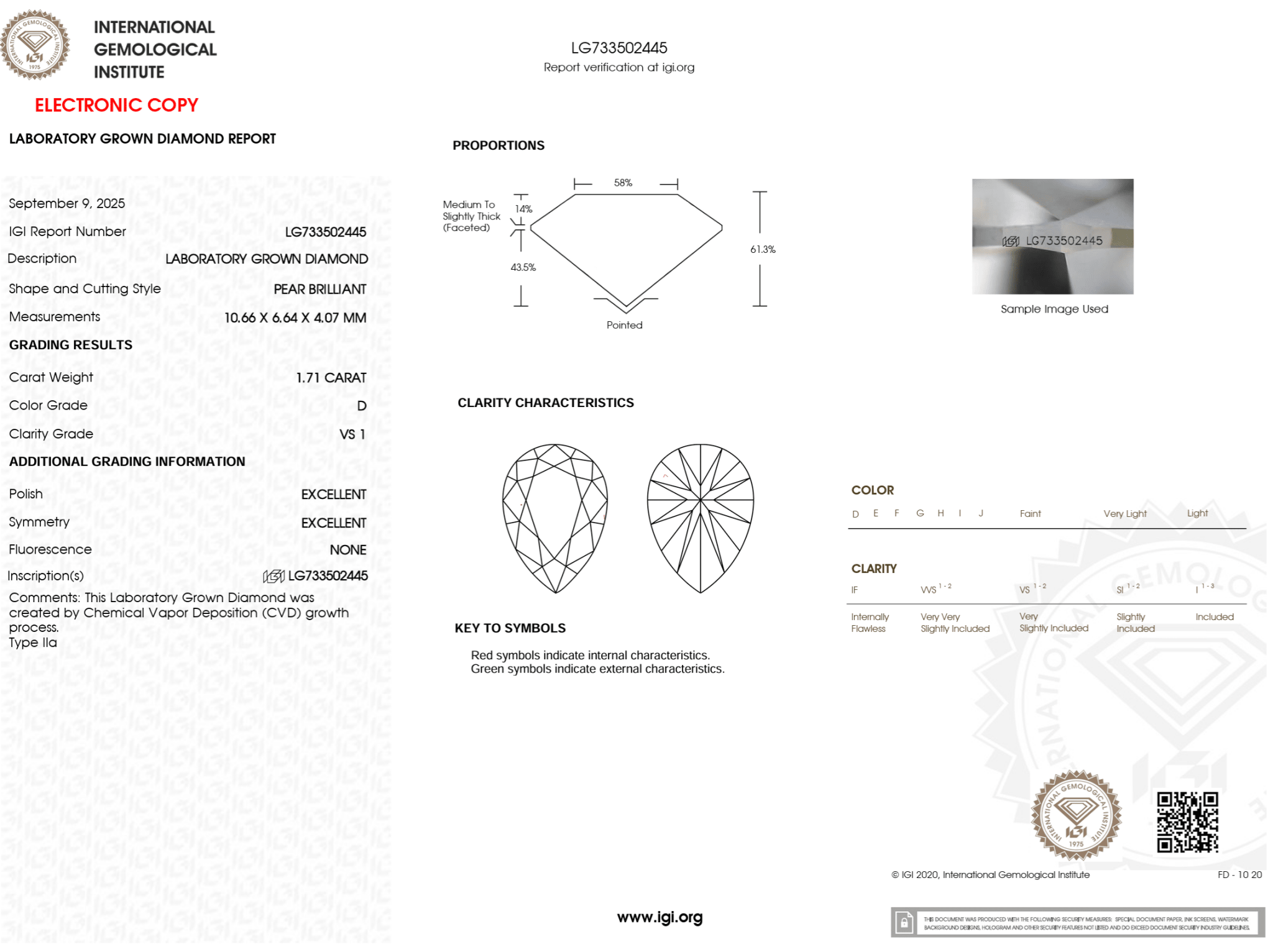1.71 Carat D - VS1 Pear Lab Grown Diamond - IGI (124445) - PBD Loose Diamond