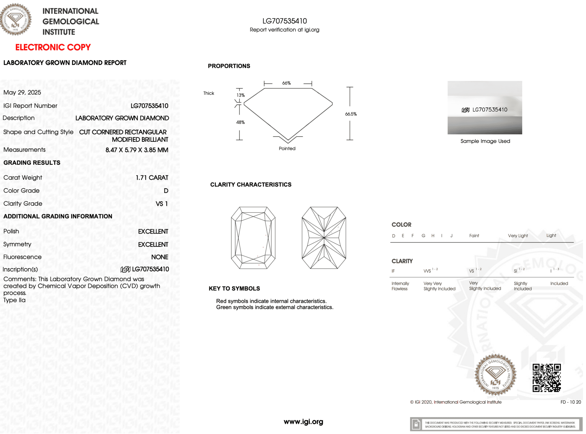 1.71 Carat D - VS1 Radiant Lab Grown Diamond - IGI (121980) - PBD Loose Diamond