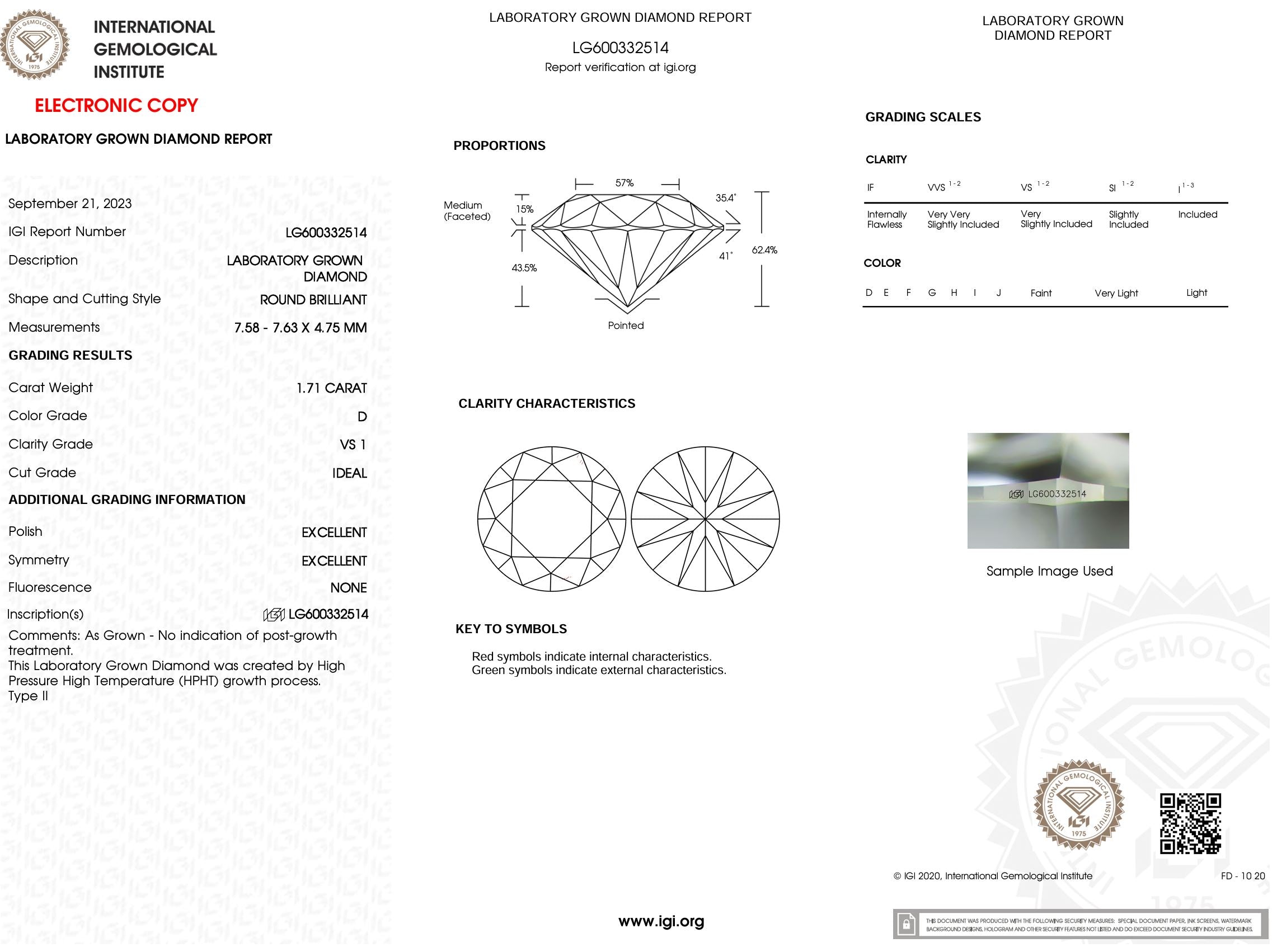 1.71 Carat D-VS1 Round Lab Grown Diamond - IGI (#52173) Loose Diamond Princess Bride Diamonds 