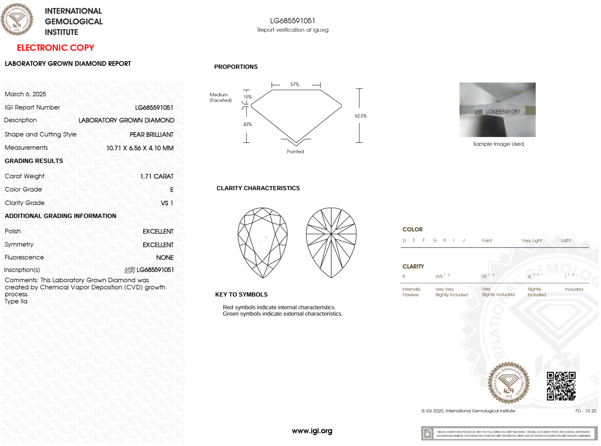 1.71 Carat E - VS1 Pear Lab Grown Diamond - IGI (124773) - PBD Loose Diamond