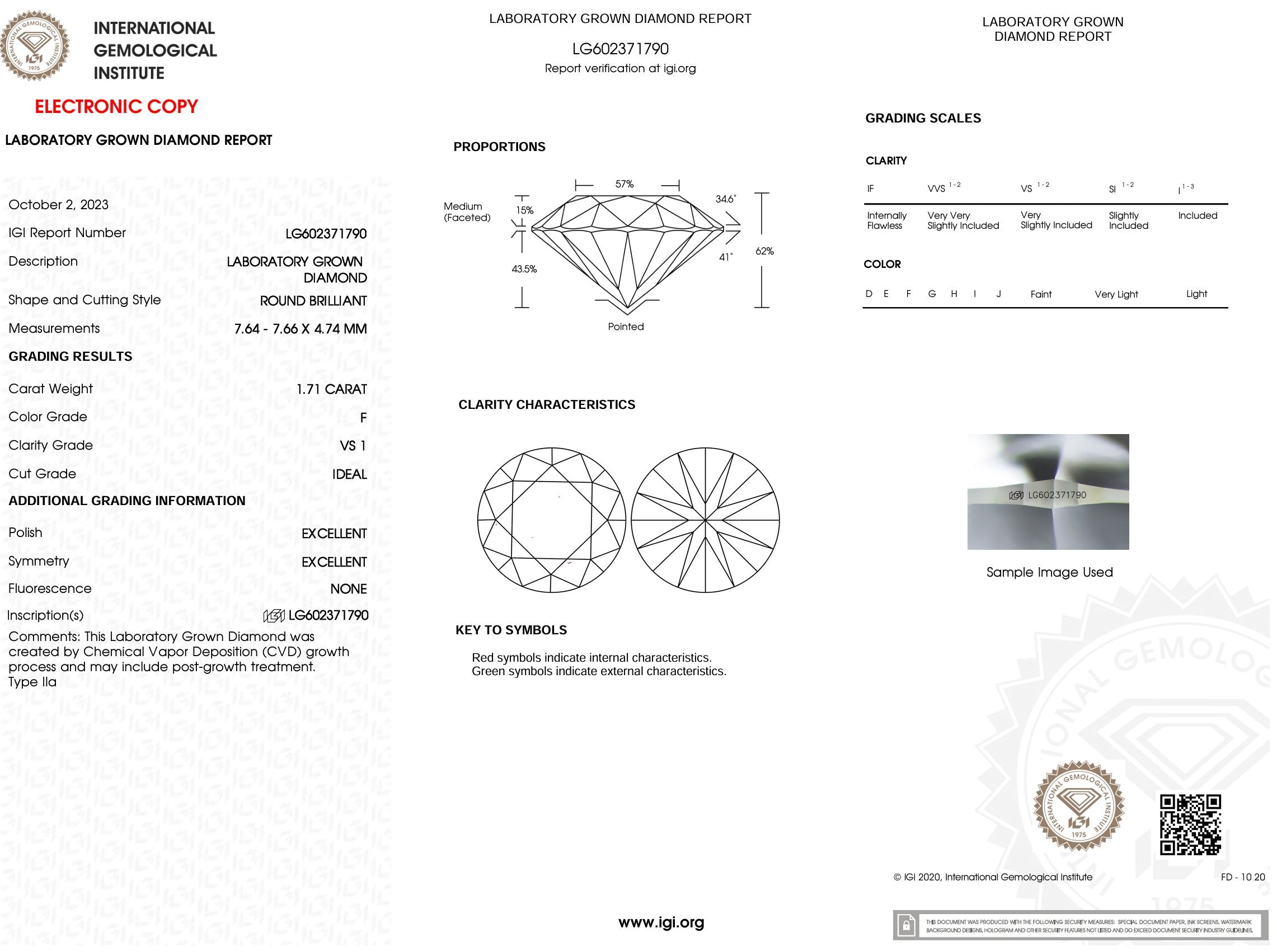 1.71 Carat F-VS1 Round Lab Grown Diamond - IGI (#52170) Loose Diamond Princess Bride Diamonds 