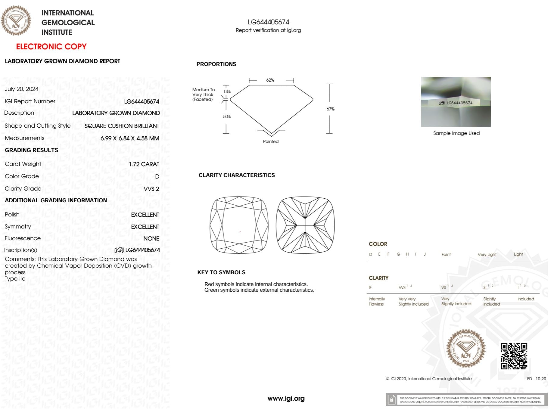 1.72 Carat D-VVS2 Cushion Lab Grown Diamond - IGI (#50745) Loose Diamond Princess Bride Diamonds 