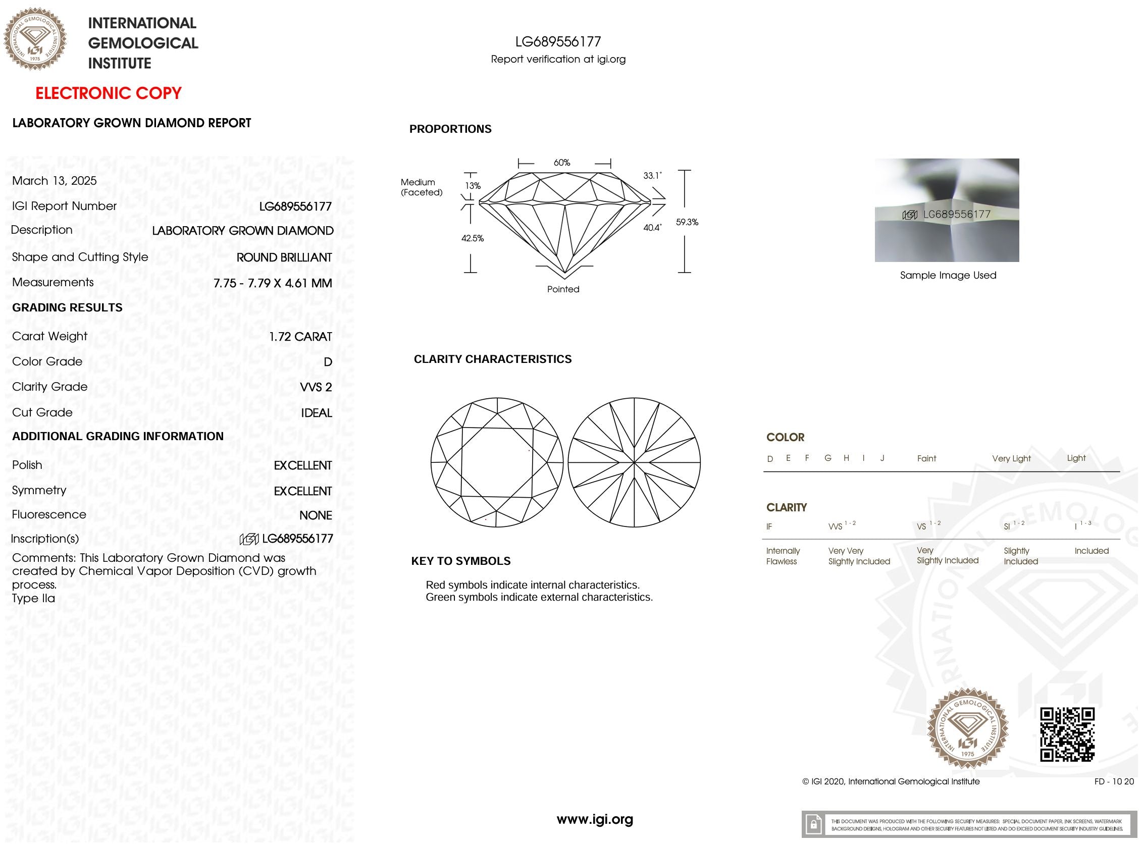 1.72 Carat D-VVS2 Round Lab Grown Diamond - IGI (#53926) Loose Diamond Princess Bride Diamonds 