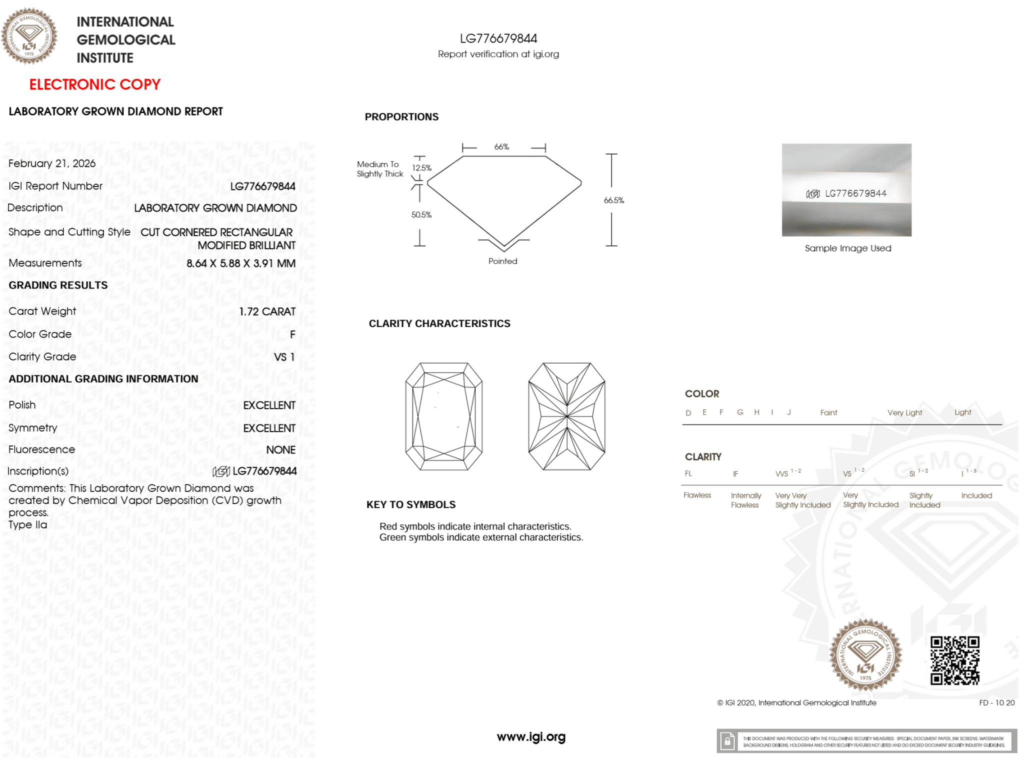 1.72 Carat F - VS1 Radiant Lab Grown Diamond - IGI (125166) - PBD Loose Diamond